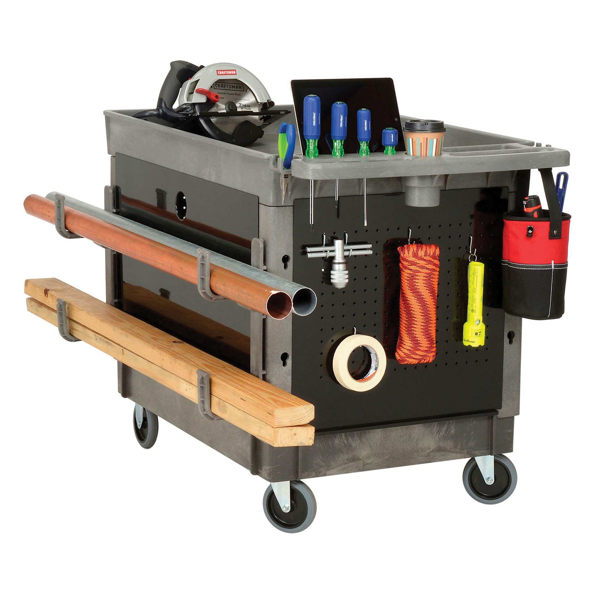 Global Industrial Top Tray Shelf Utility Cart, with tools and building materials, not included