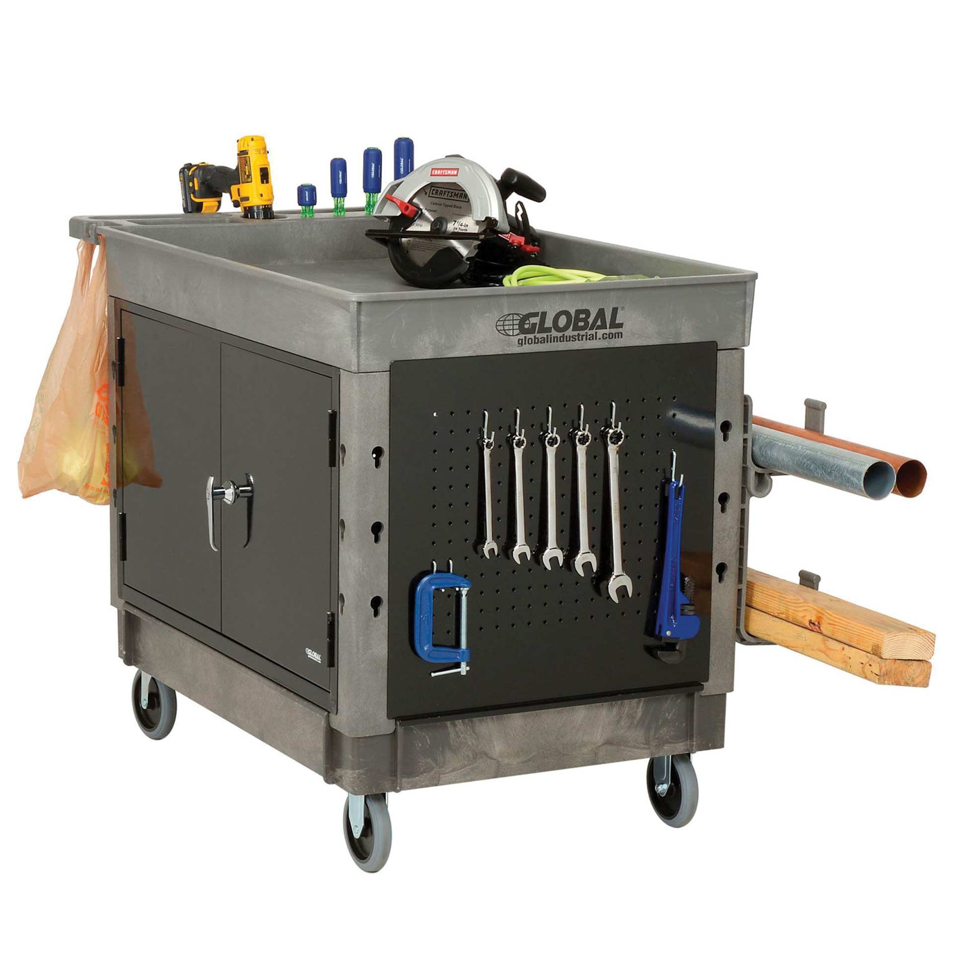Global Industrial Top Tray Shelf Utility Cart, side view with tools, supplies not included