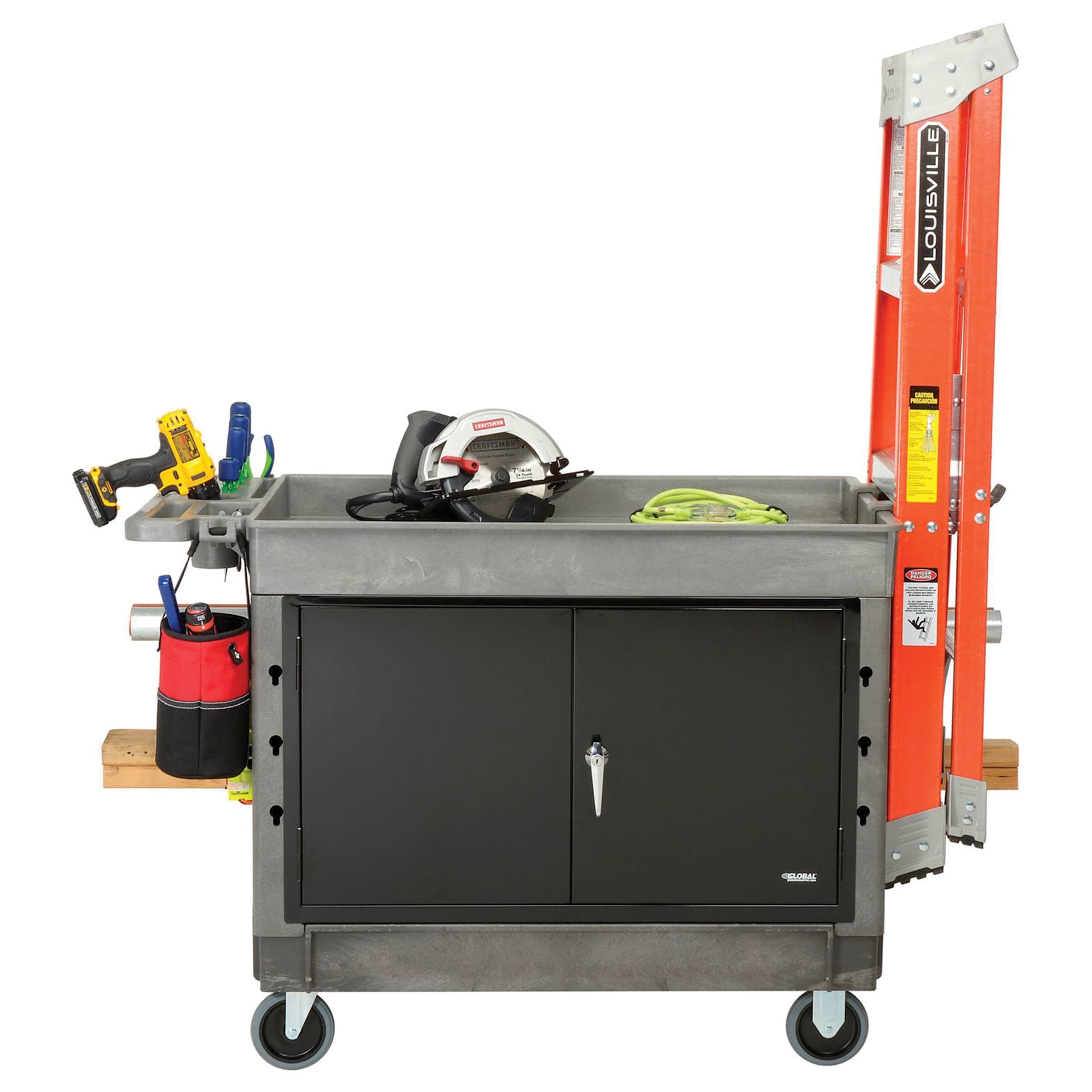 Global Industrial Top Tray Shelf Utility Cart - shown with a ladder and supplies, not included
