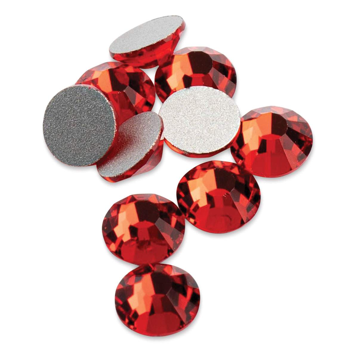 John Bead Crystal Lane Flat Back Rhinestones - Light Siam, 4.7 mm, (Close-up of front and back of rhinestones)
