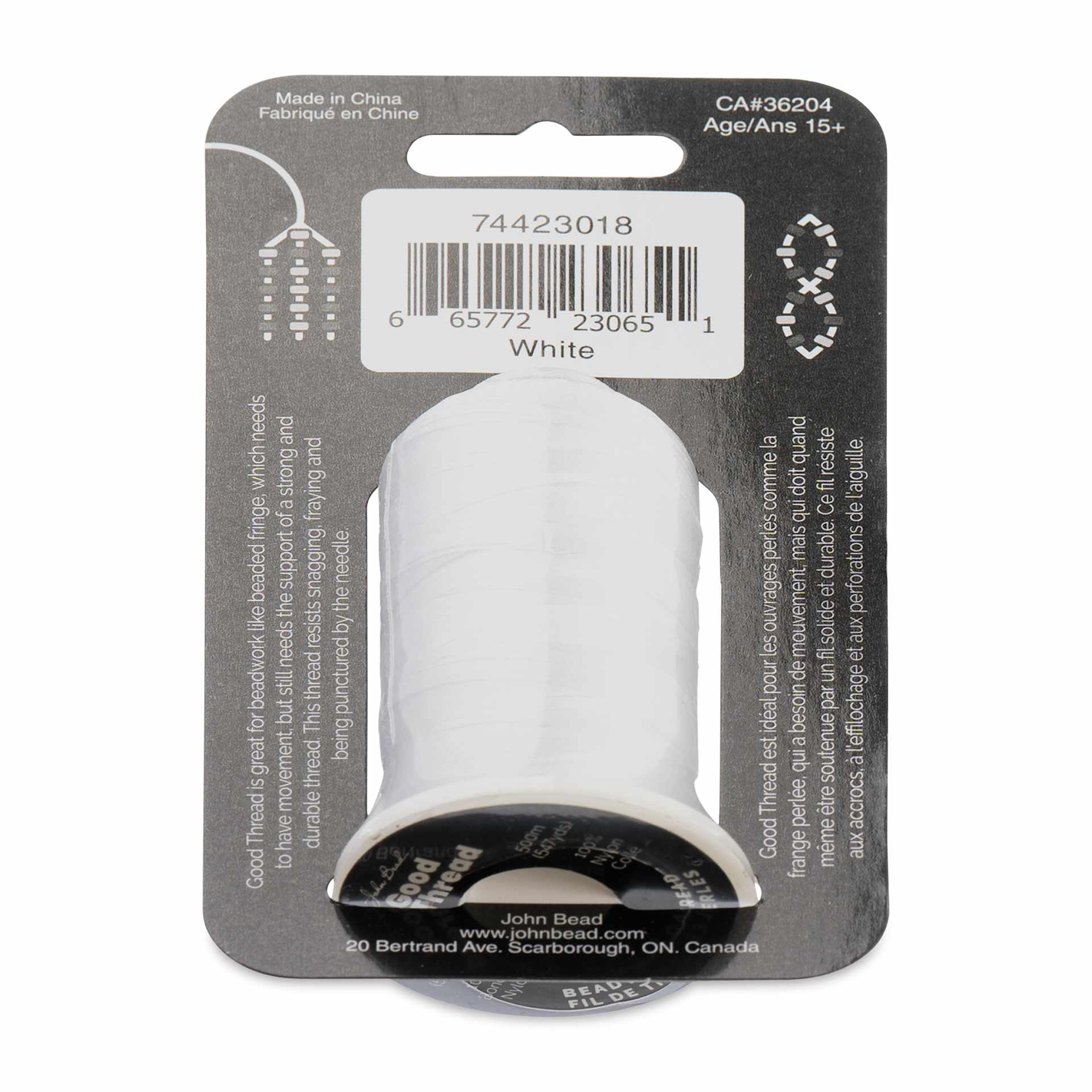 John Bead Good Nylon Beading Thread - White, 547 yd Spool back of packaging