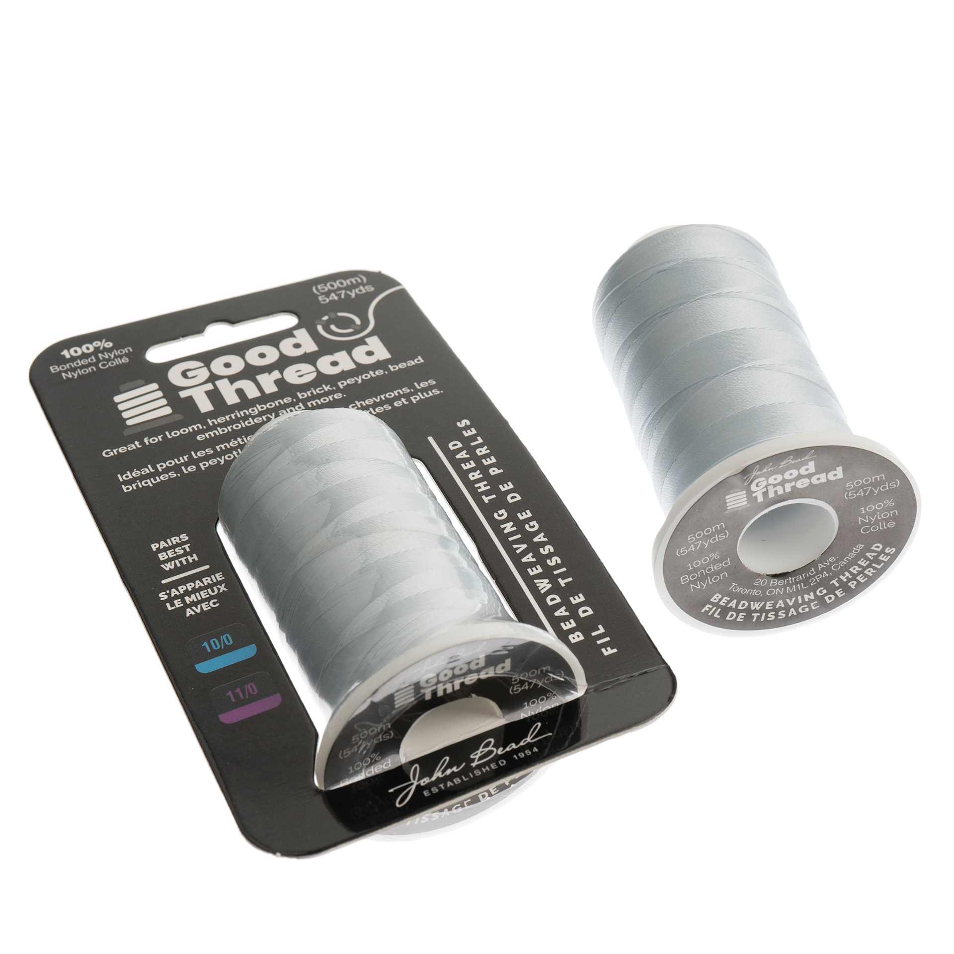 John Bead Good Nylon Beading Thread - Light Grey, 547 yd Spool showing both in and out of packaging
