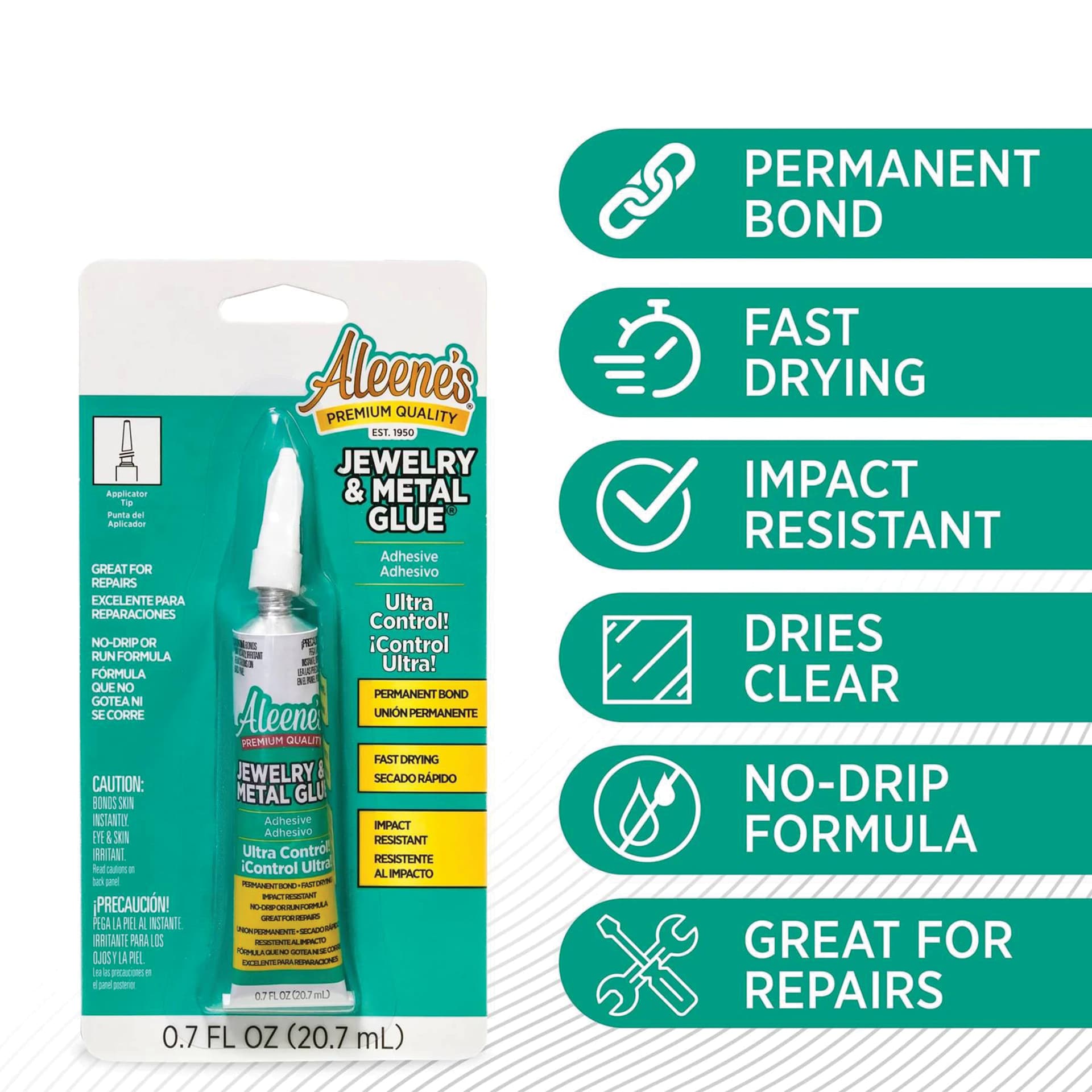 Permanent, fast drying, impact resistant, dries clear, no-drip formula, great for repairs.
