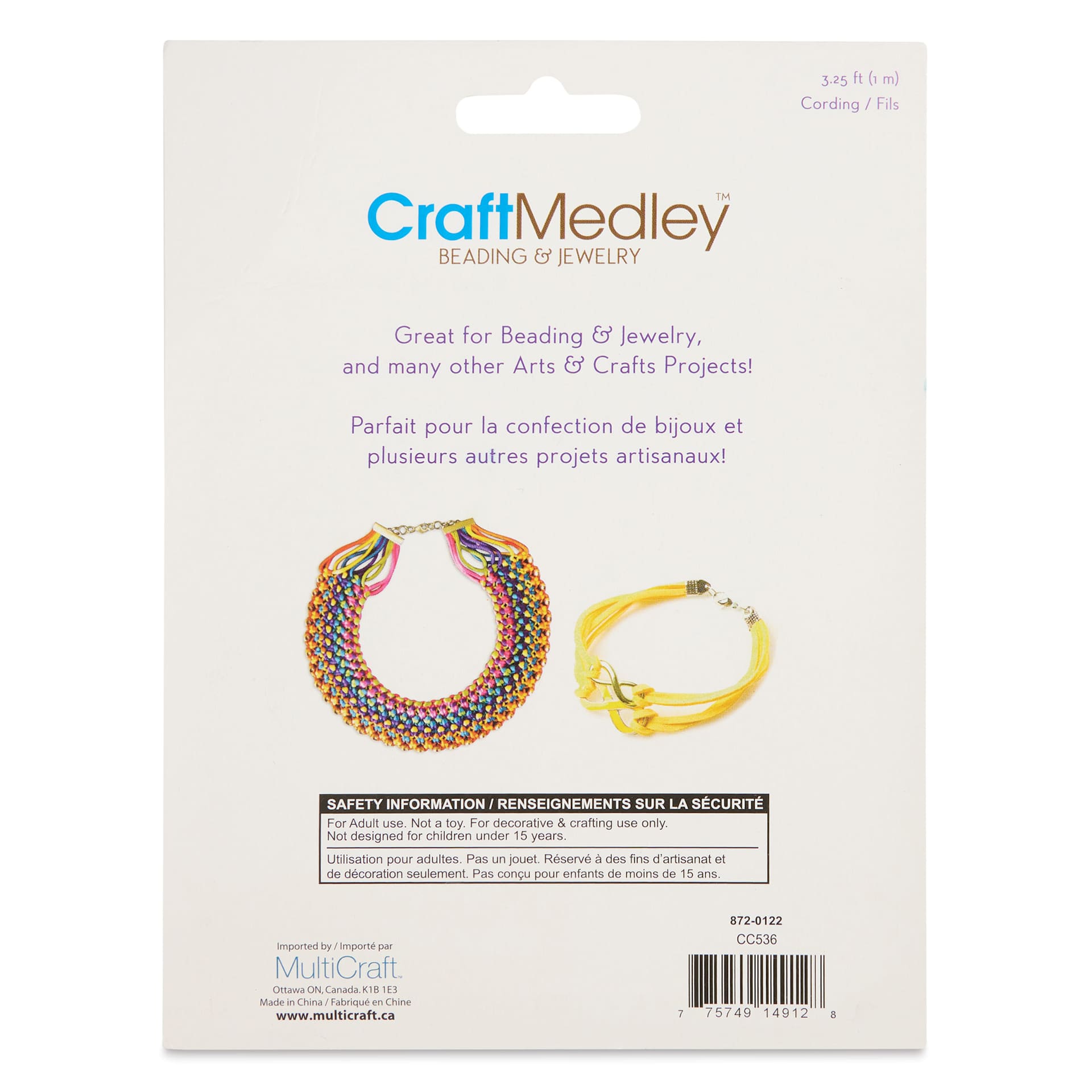Craft Medley Jewelry Craft Cording Set - Fashion Colors, Pkg of 18 back of packaging