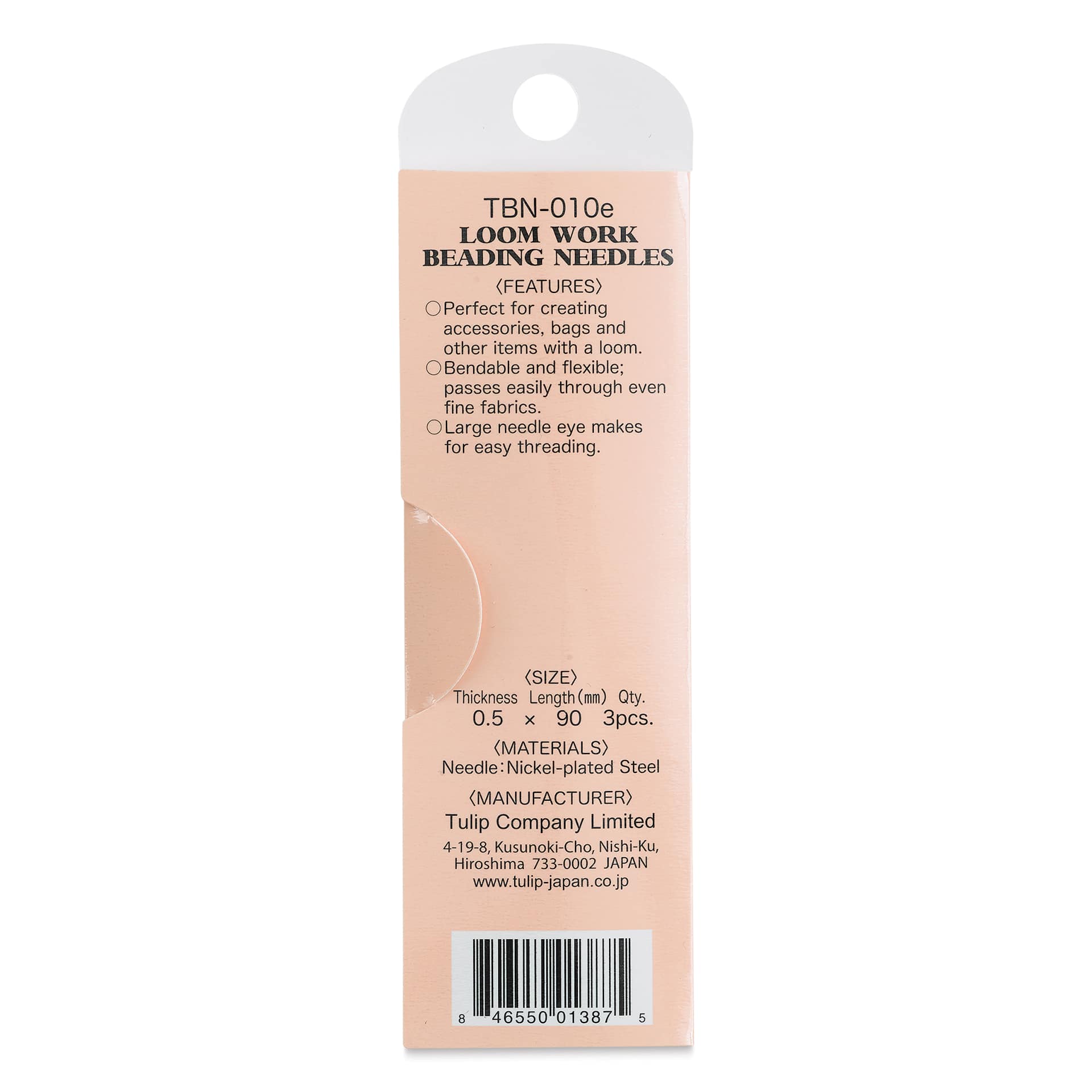 Tulip Needle Company Beading Needles - Loom Work, Pkg of 3, back of the packaging