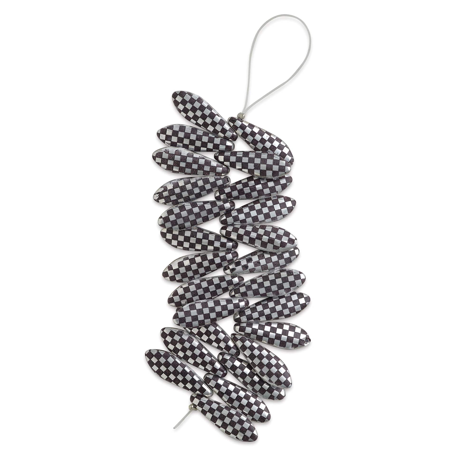 John Bead Czech Glass Laser Etched Dagger Bead Strand - Silver/Black, Checker Pattern
