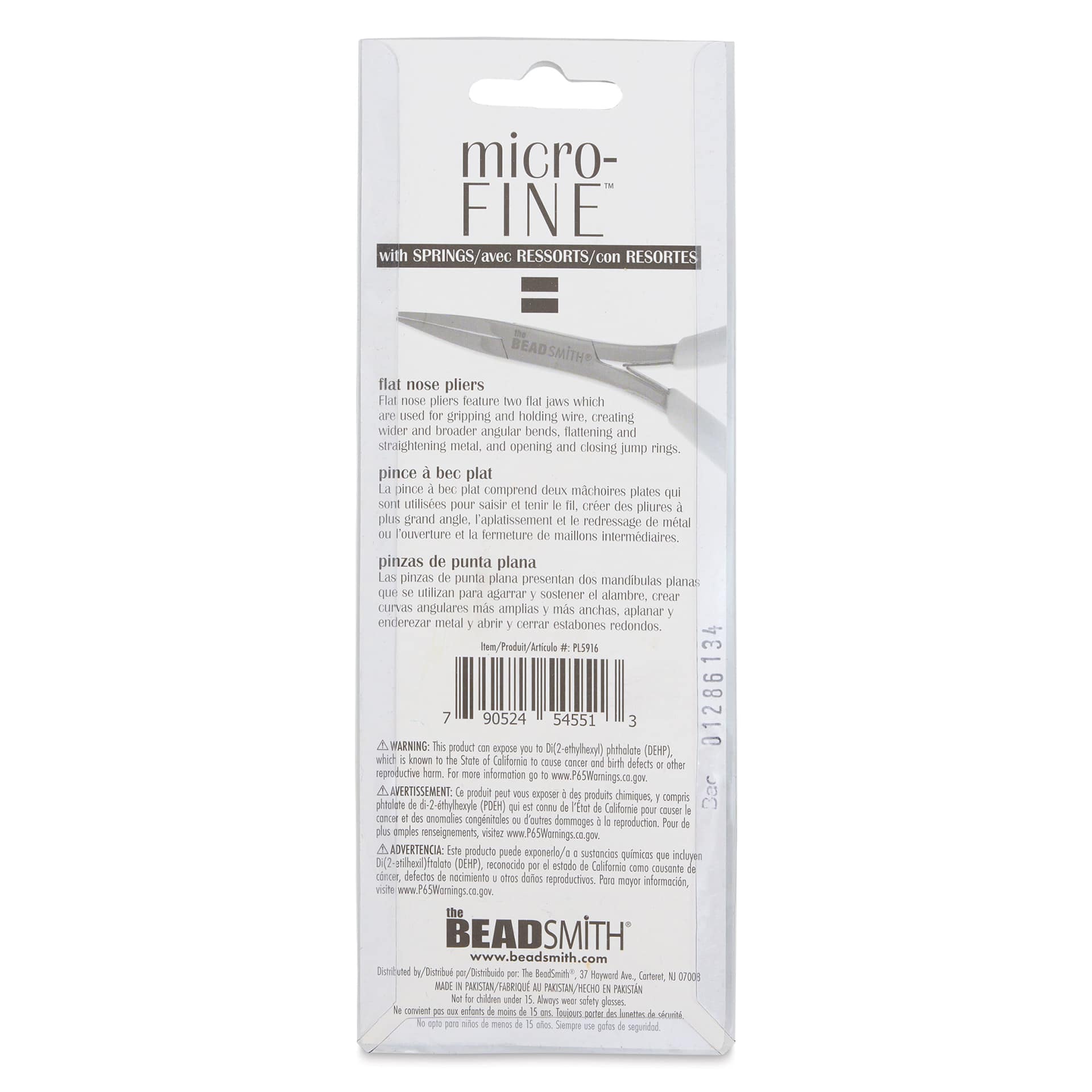 Beadsmith Micro-Fine Flat Nose Pliers, back of the packaging