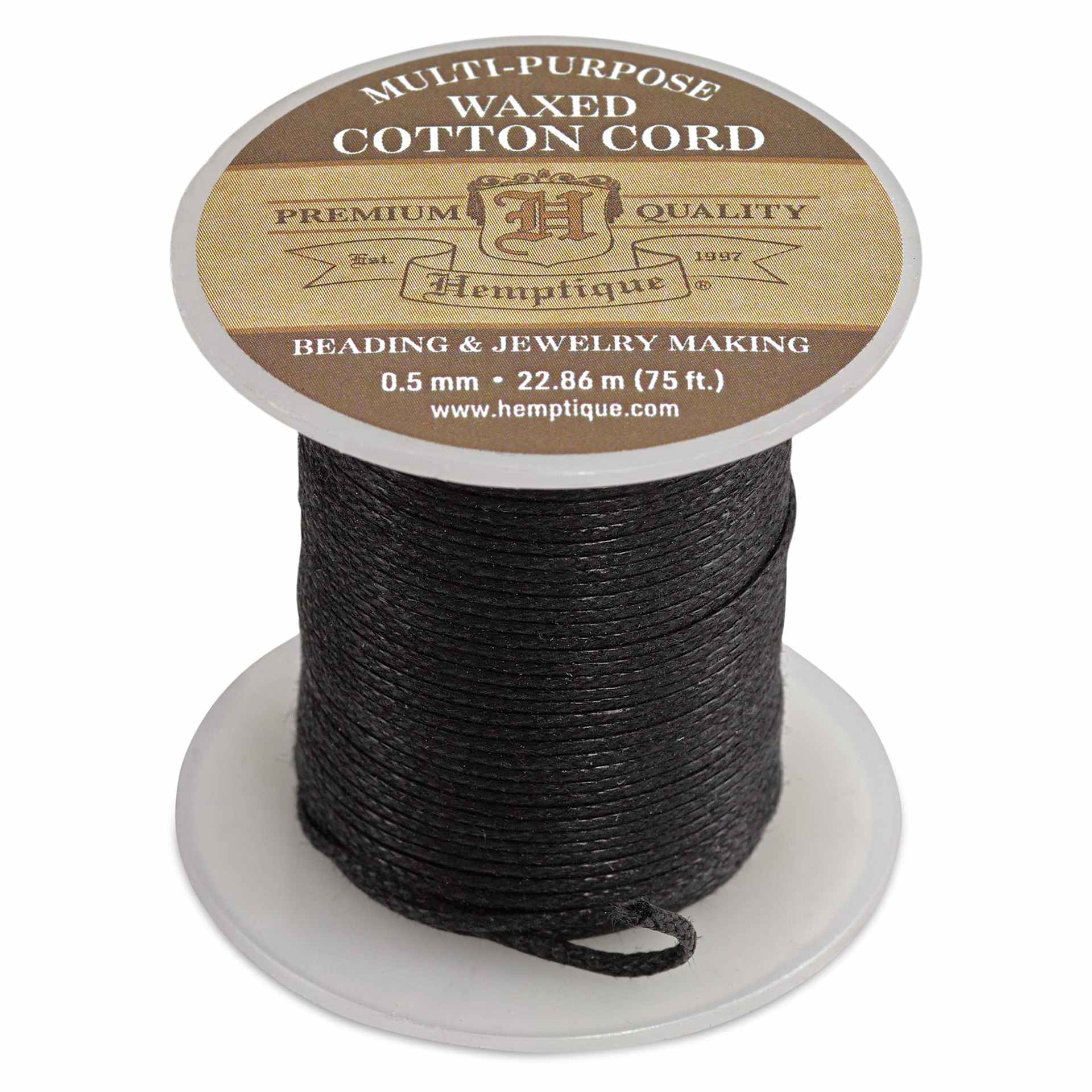 Hemptique Waxed Cotton Cord, spool of black cord standing upward