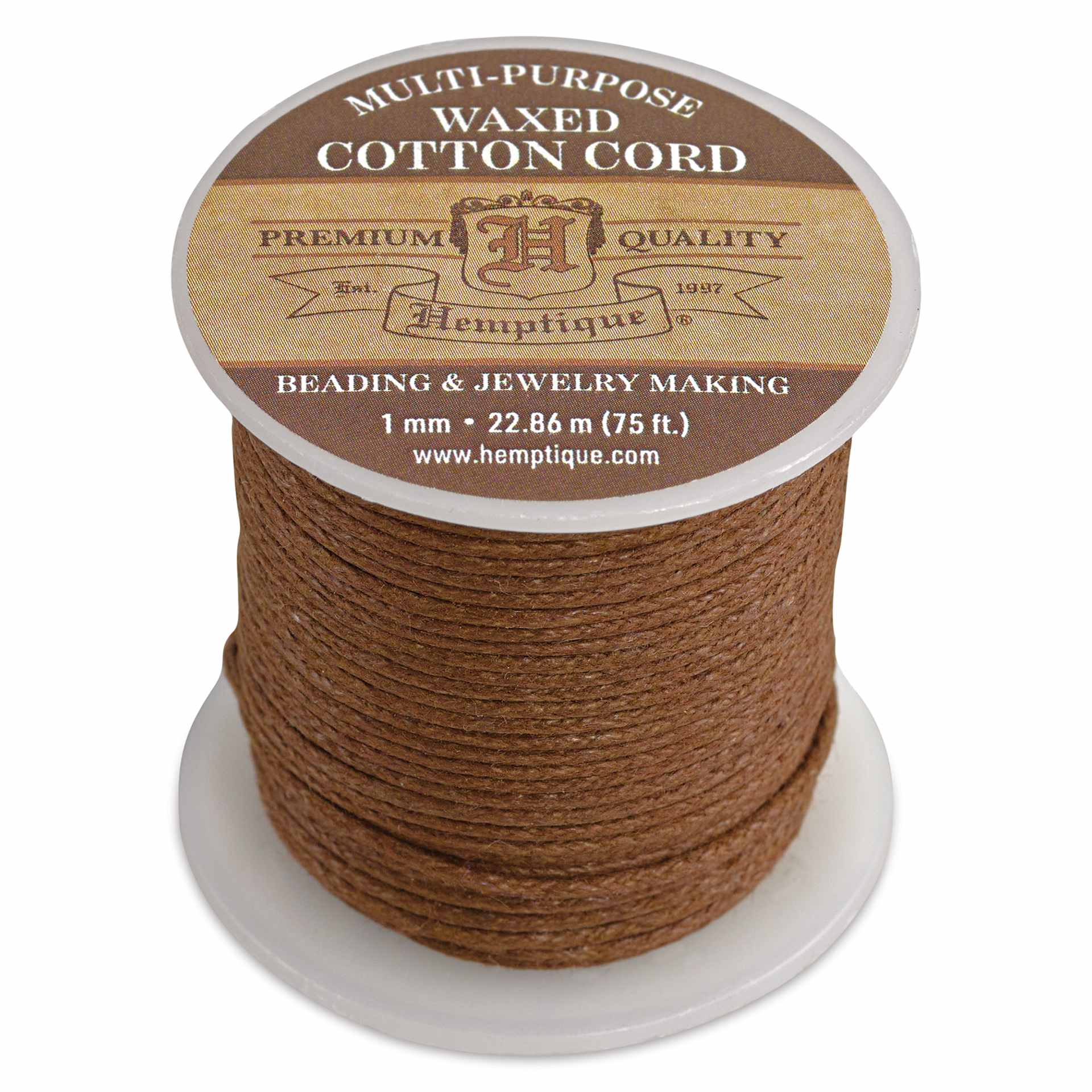 Hemptique Waxed Cotton Cord, spool of brown cord standing upward
