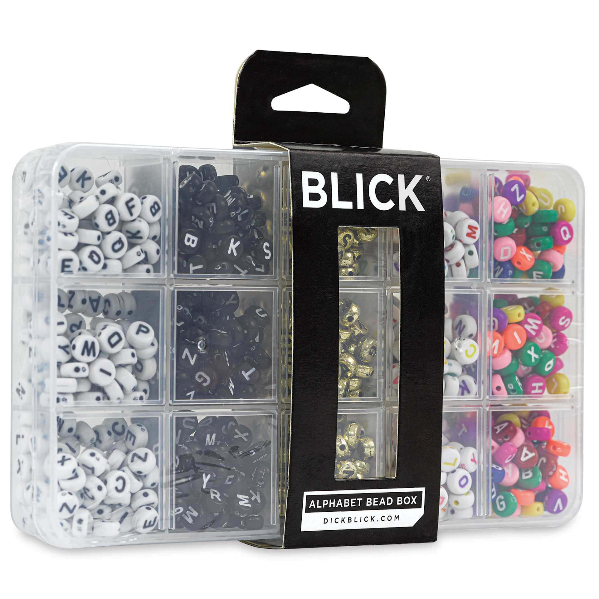 Blick Alphabet Bead Box - Set of 15 - front of packaging, angled view