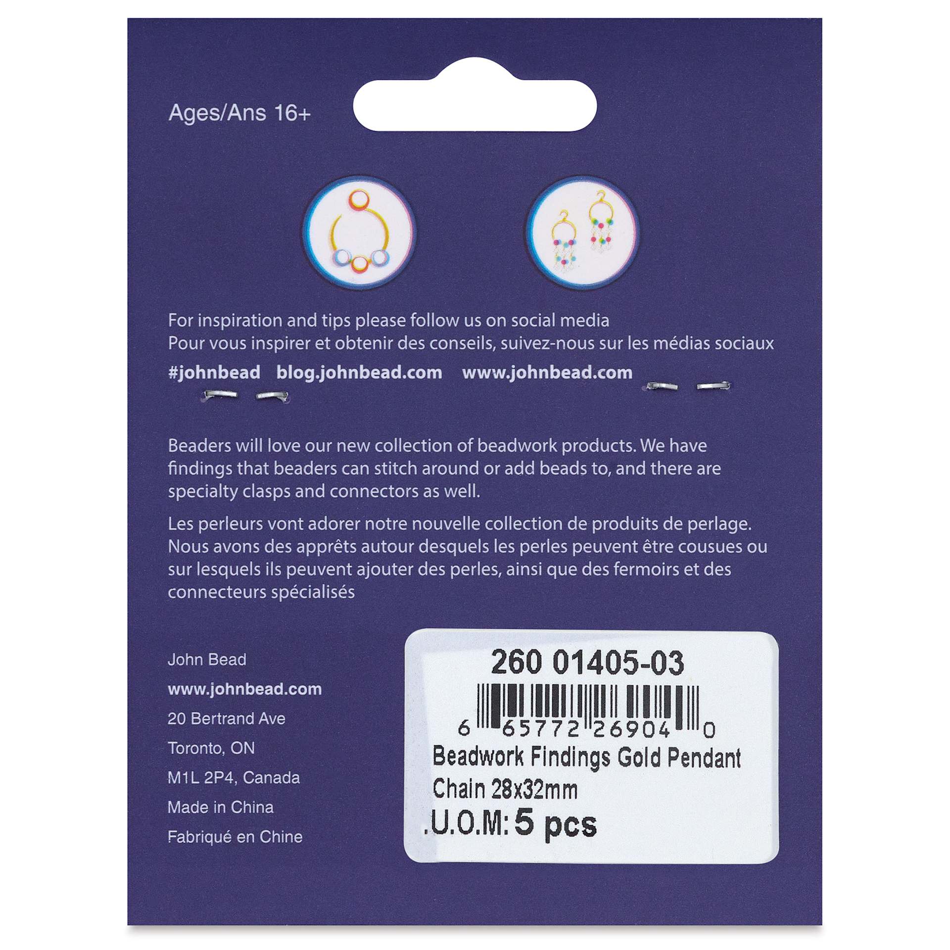 John Bead Beadwork Charms - Gold Chain, Pkg of 5, back of package