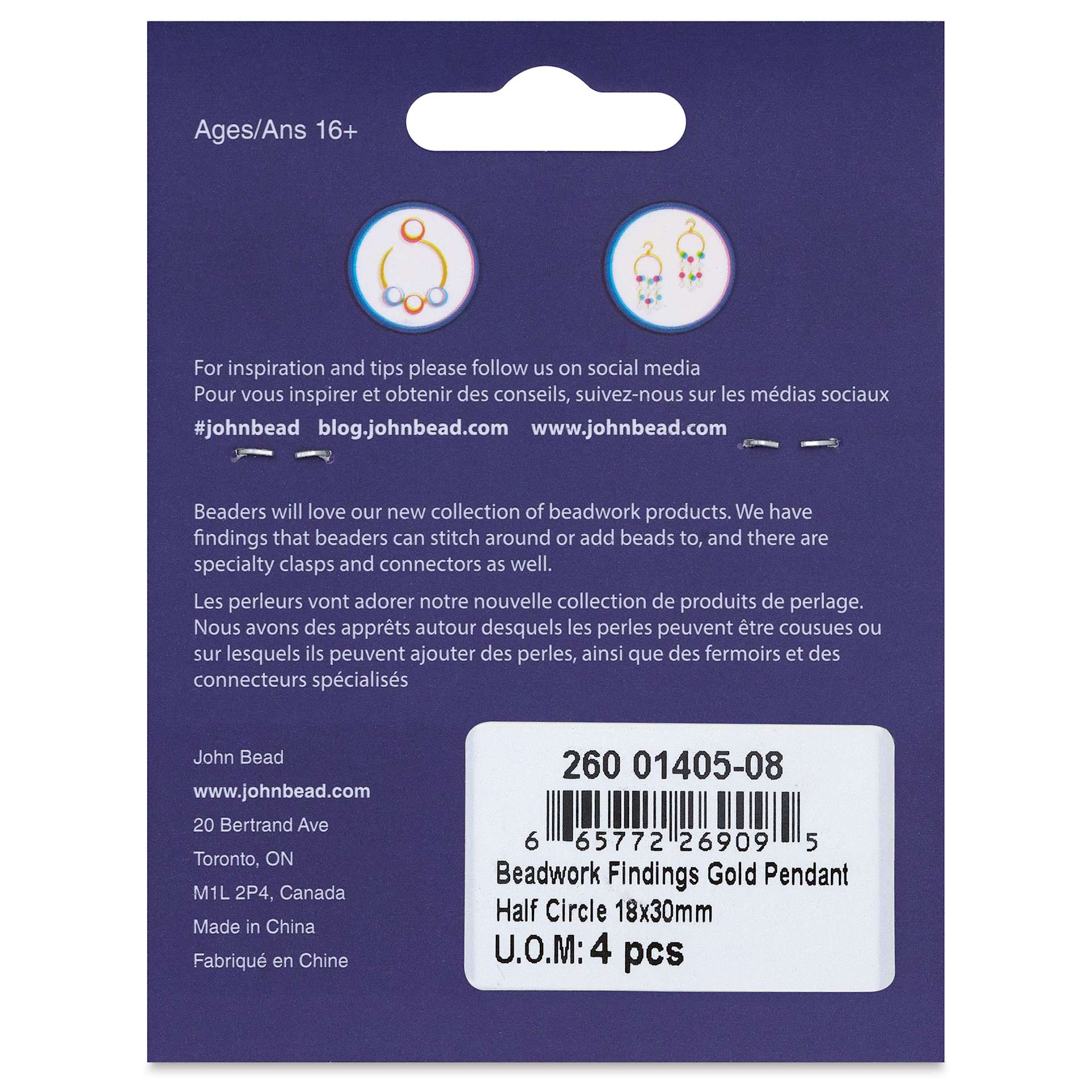 John Bead Beadwork Charms - Gold Half Circle, Pkg of 4, back of packaging