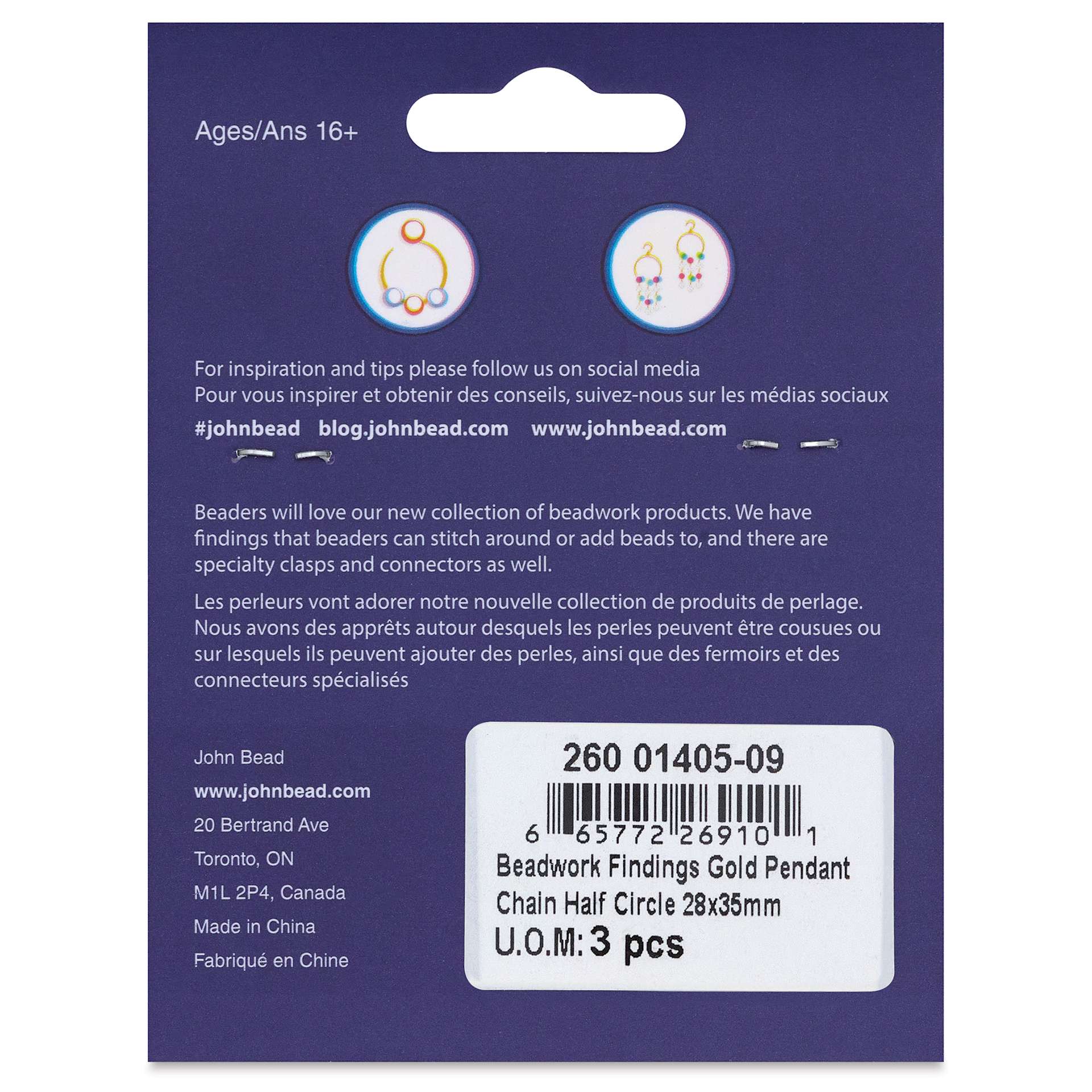 John Bead Beadwork Charms - Gold Chain Half Circle, Pkg of 3, back of package