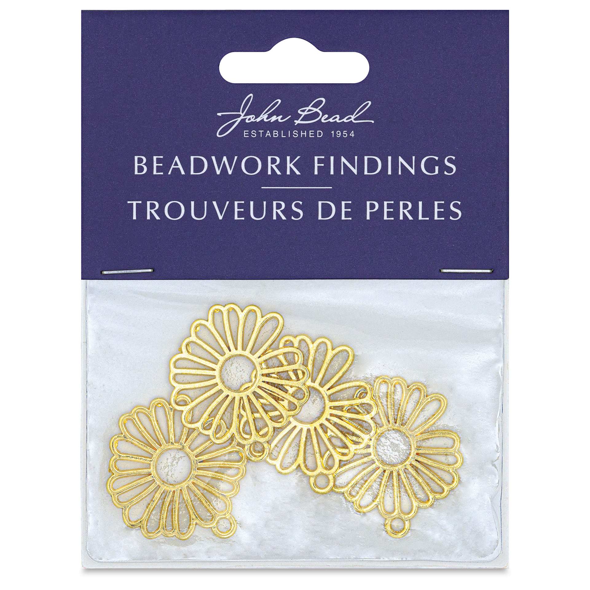 John Bead Beadwork Charms - Gold Circle Flowers, Pkg of 4, front of package