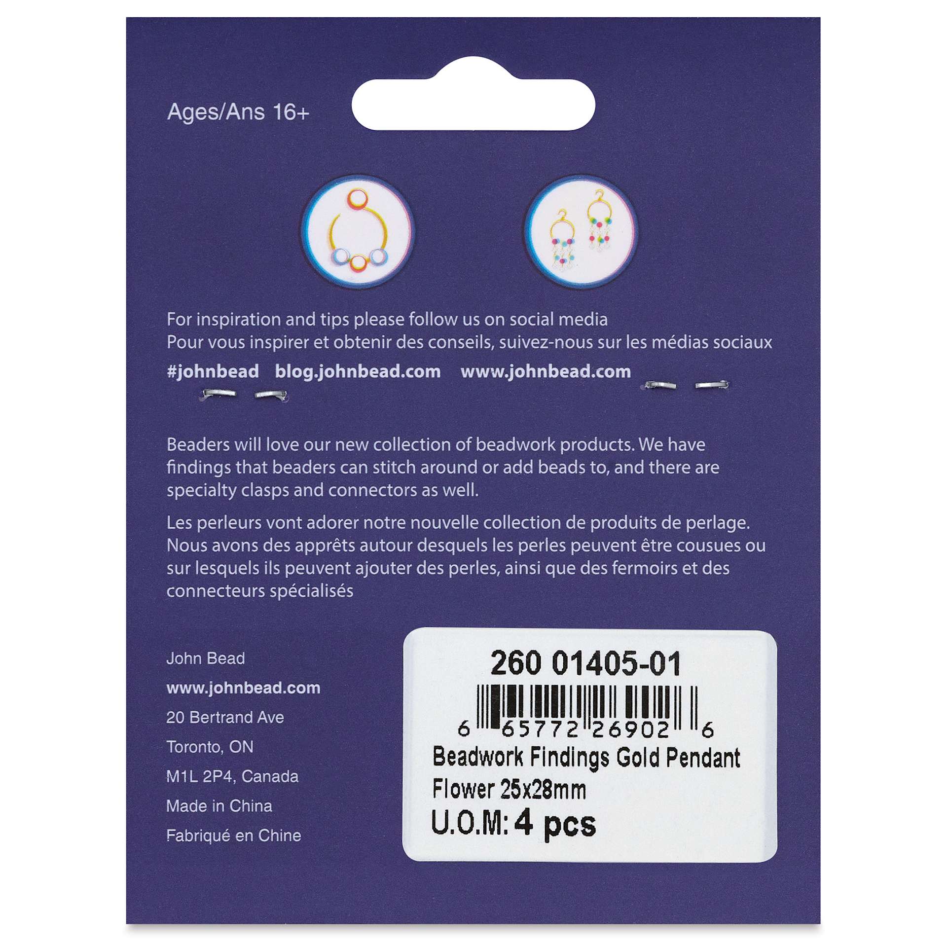 John Bead Beadwork Charms - Gold Circle Flowers, Pkg of 4, back of package