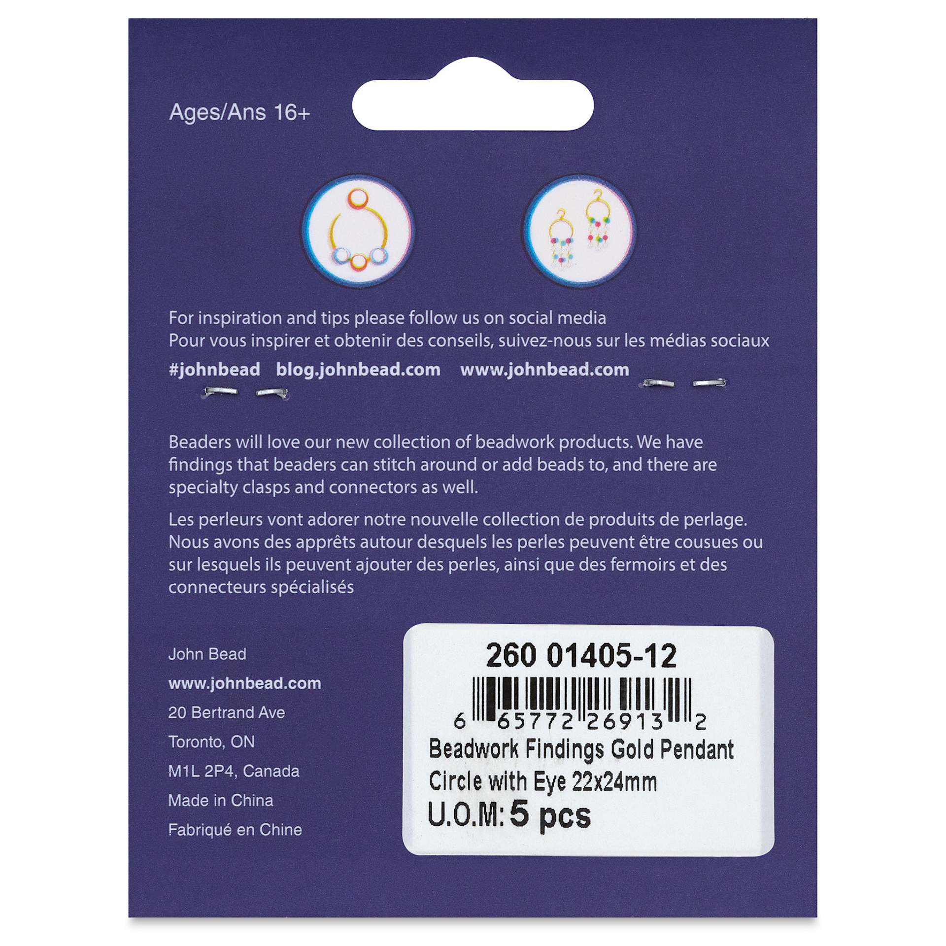 John Bead Beadwork Charms - Gold Circle with Eye, Pkg of 5, back of package