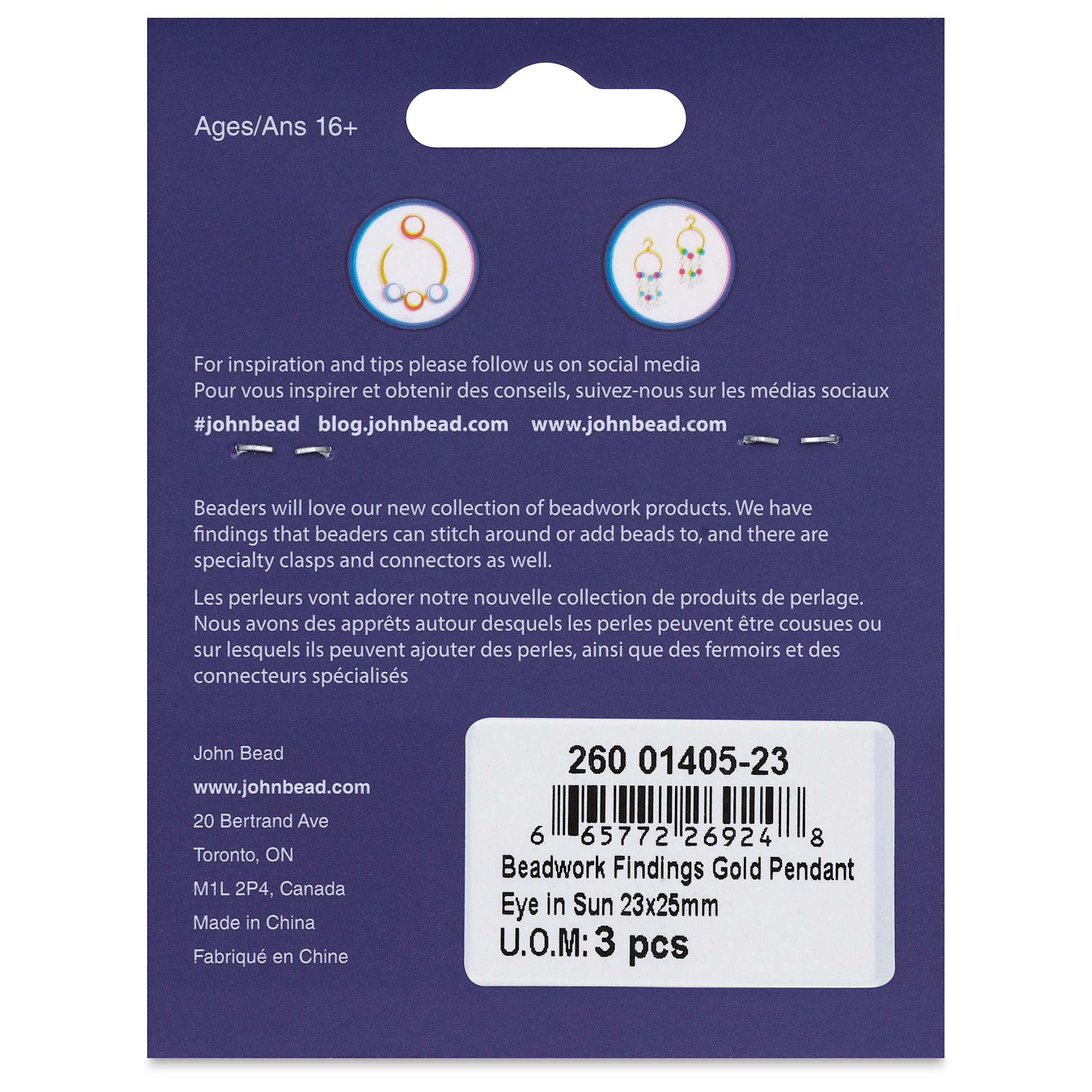 John Bead Beadwork Charms - Gold Eye in the Sun, Pkg of 3, back of package