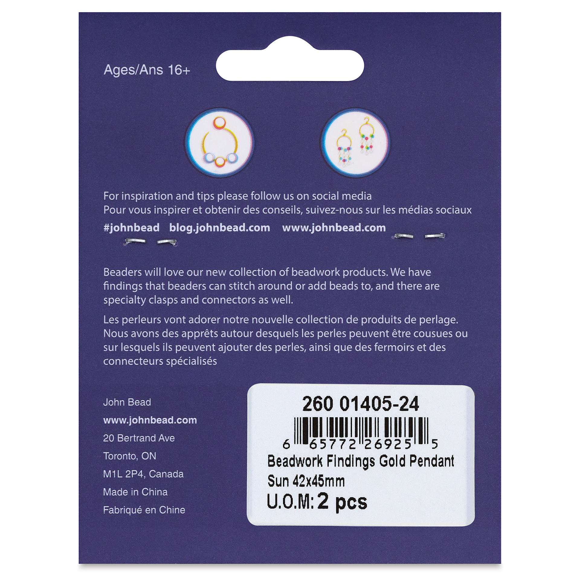 John Bead Beadwork Charms - Gold Sun, Pkg of 2, back of package
