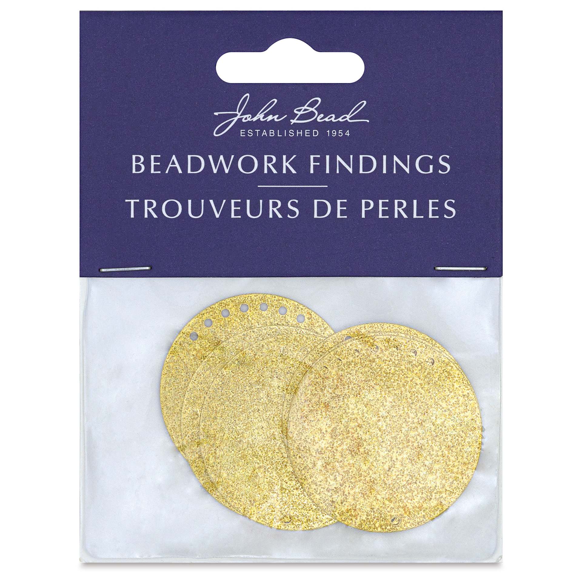 John Bead Beadwork Charms - Gold Circle, 8 holes, Pkg of 6, front of package