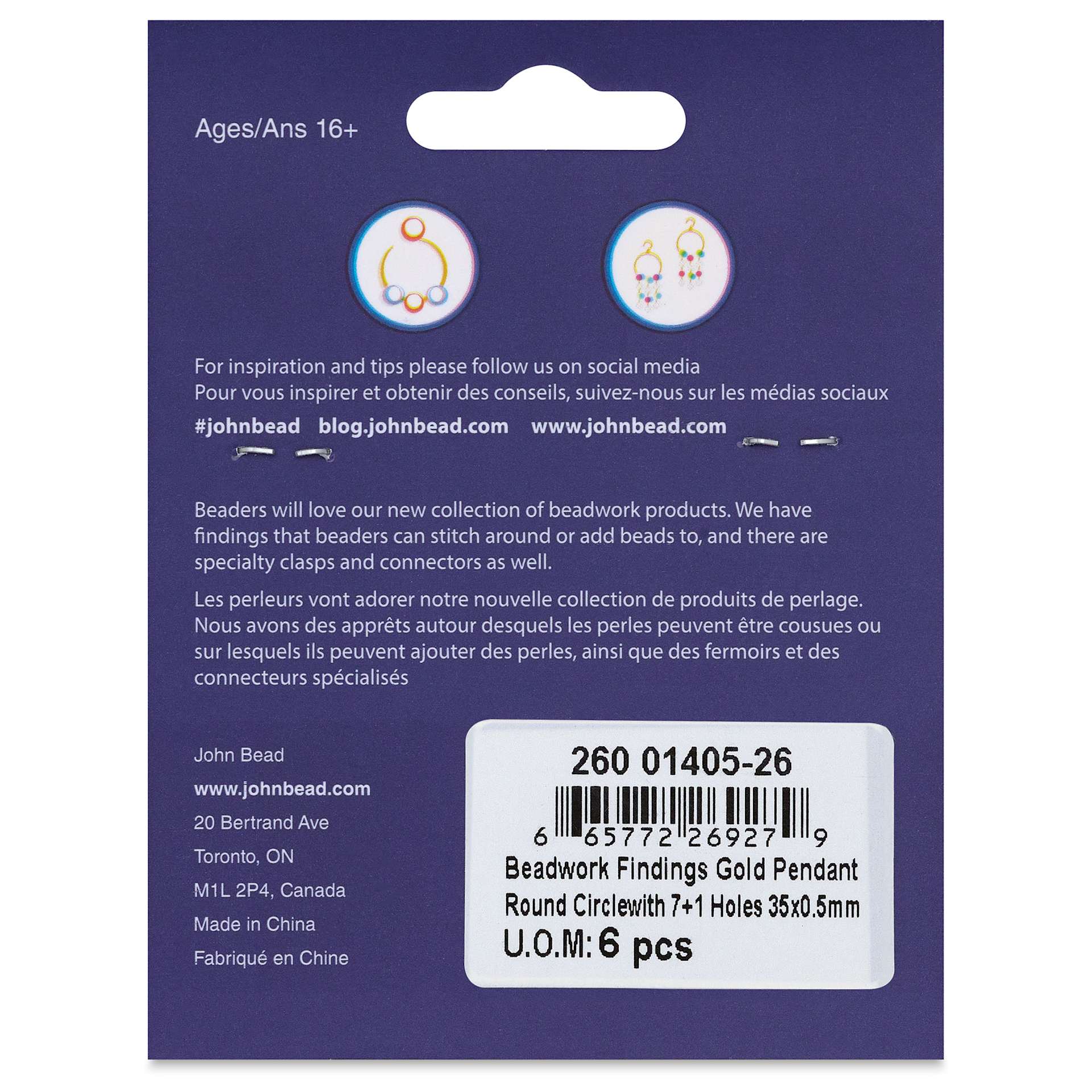 John Bead Beadwork Charms - Gold Circle, 8 holes, Pkg of 6, back of package