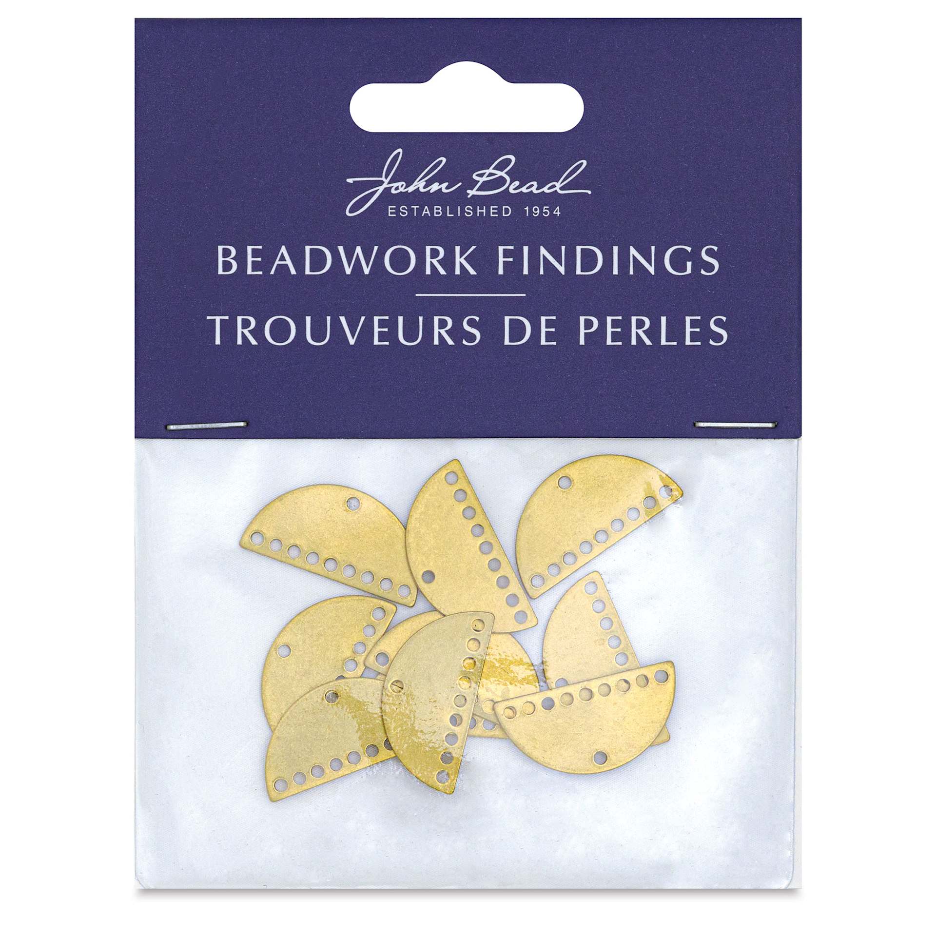 John Bead Beadwork Charms - Gold Half Moon, 10 holes, Pkg of 10, front of package