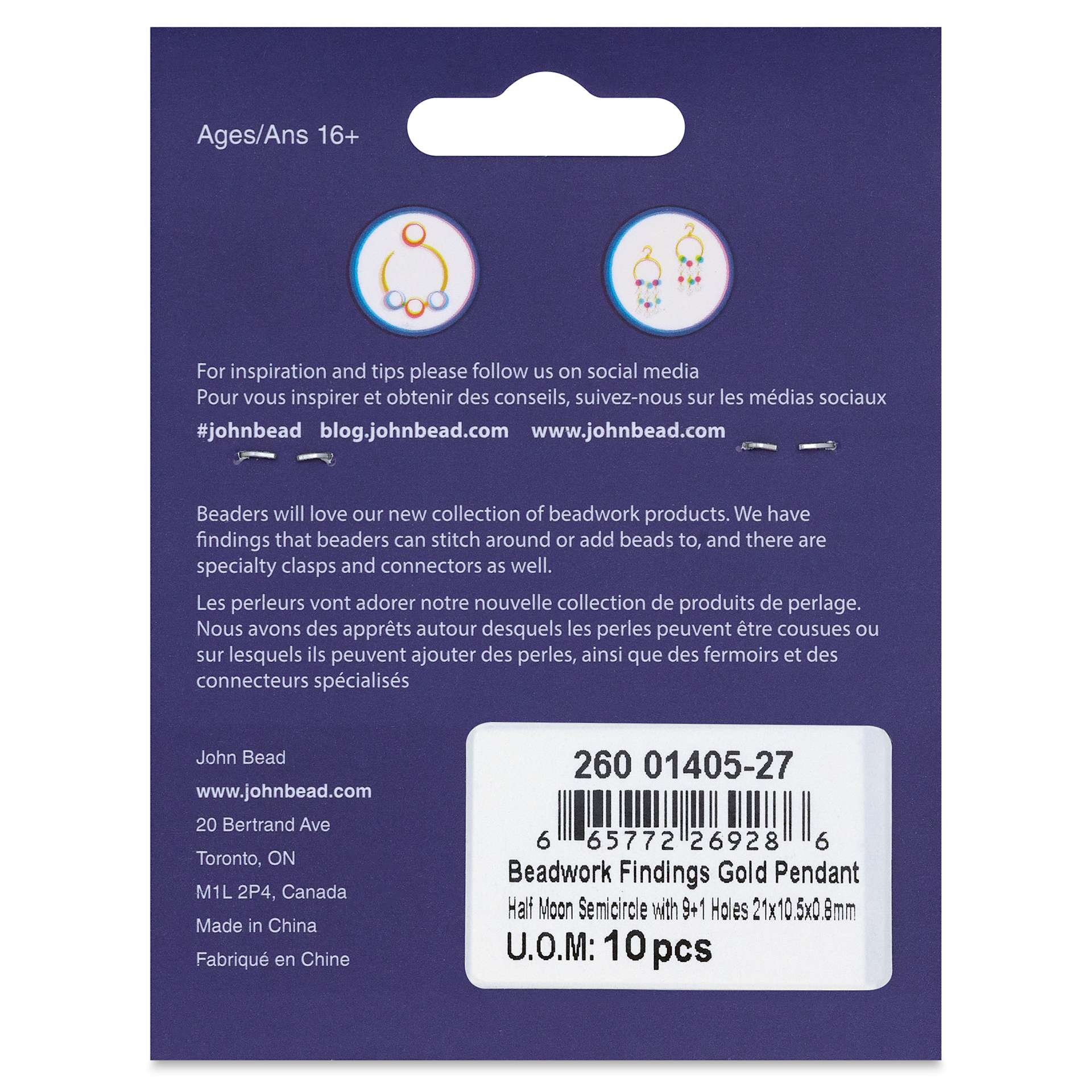 John Bead Beadwork Charms - Gold Half Moon, 10 holes, Pkg of 10, back of package