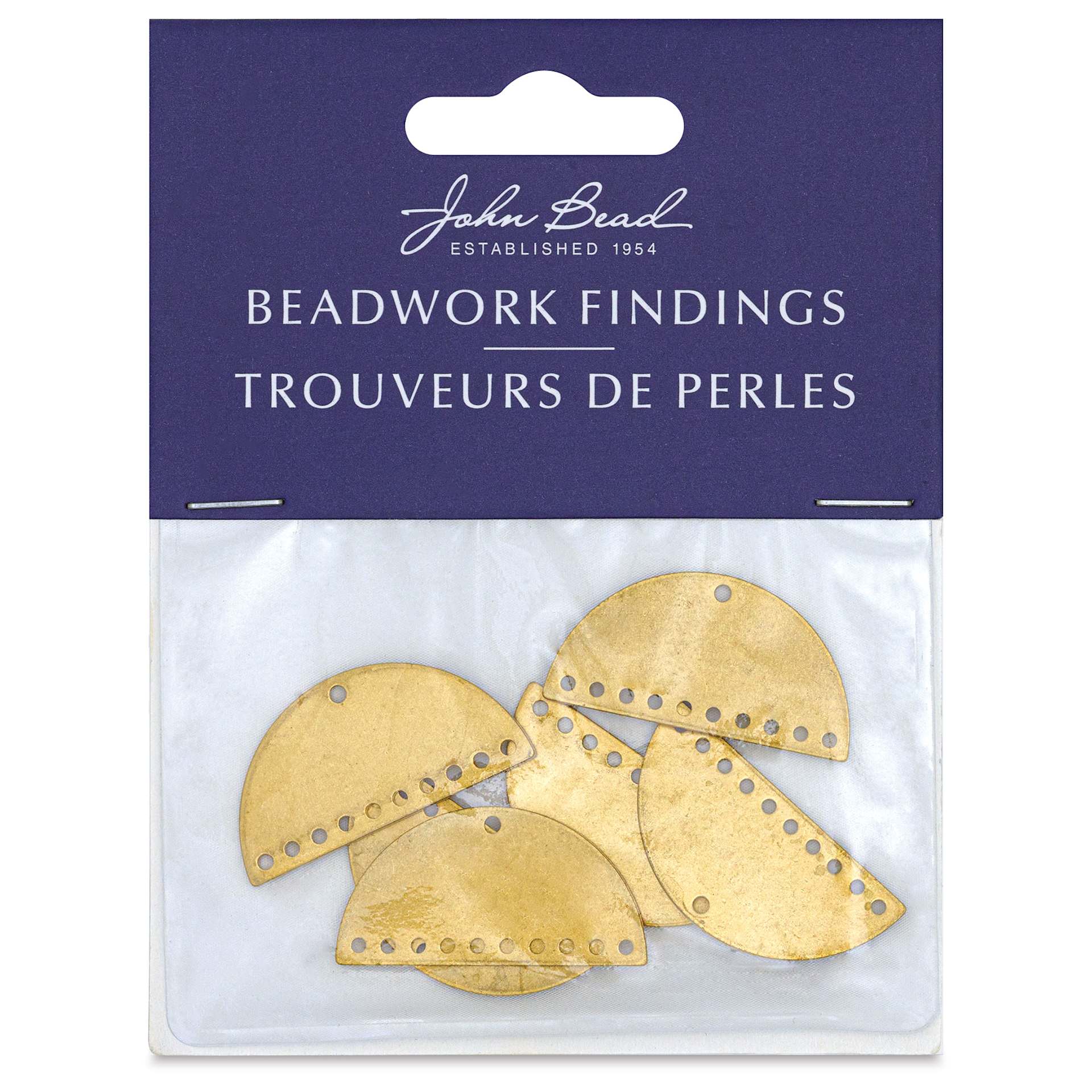John Bead Beadwork Charms - Gold Half Moon, 11 holes, Pkg of 6, front of package