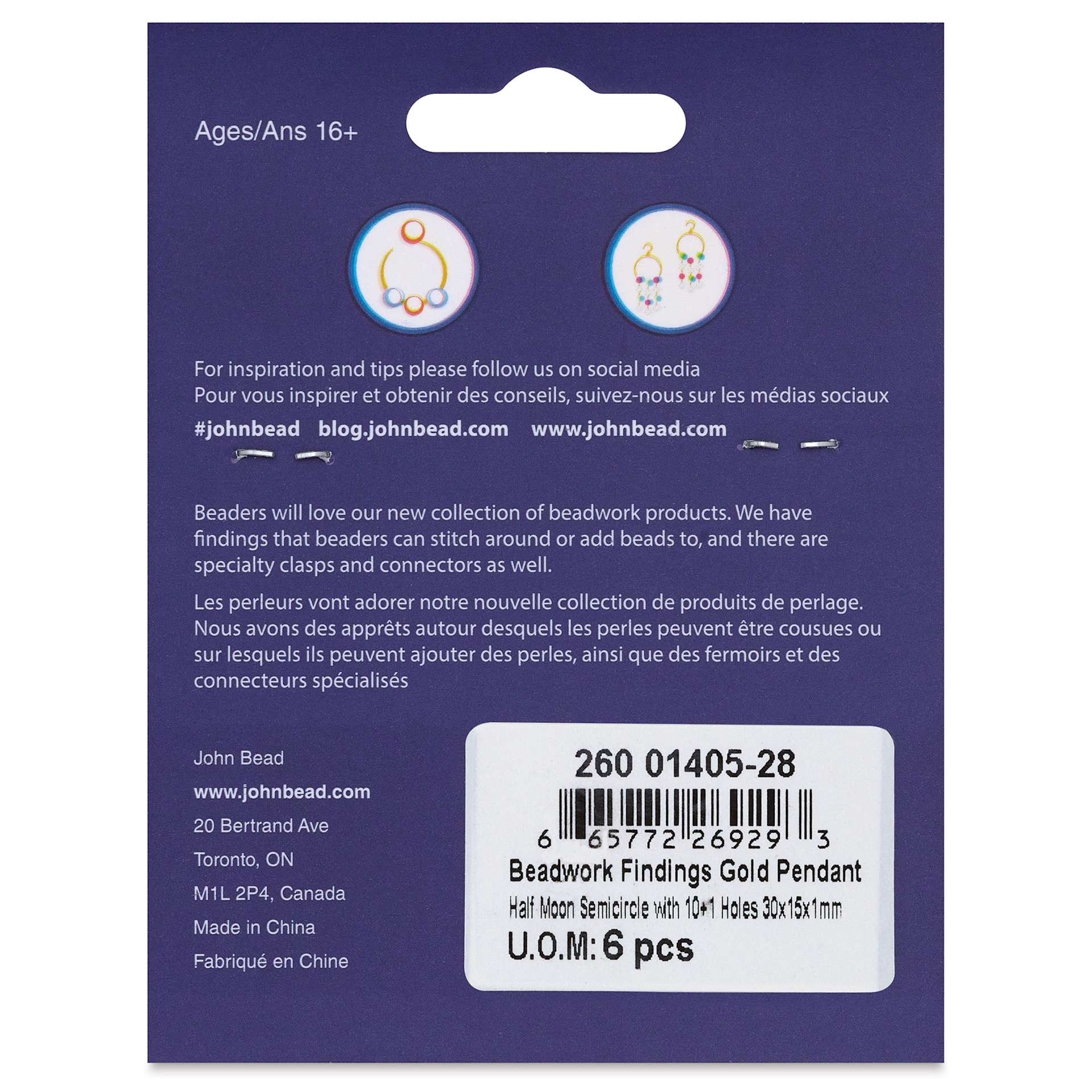 John Bead Beadwork Charms - Gold Half Moon, 11 holes, Pkg of 6, back of package