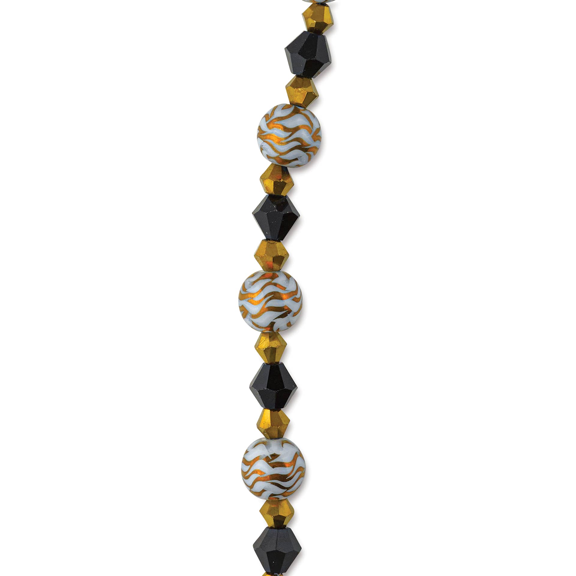 John Bead DIY Designer Glass Bead Strand - Etched Gold on White Spheres, Black and Gold close-up
