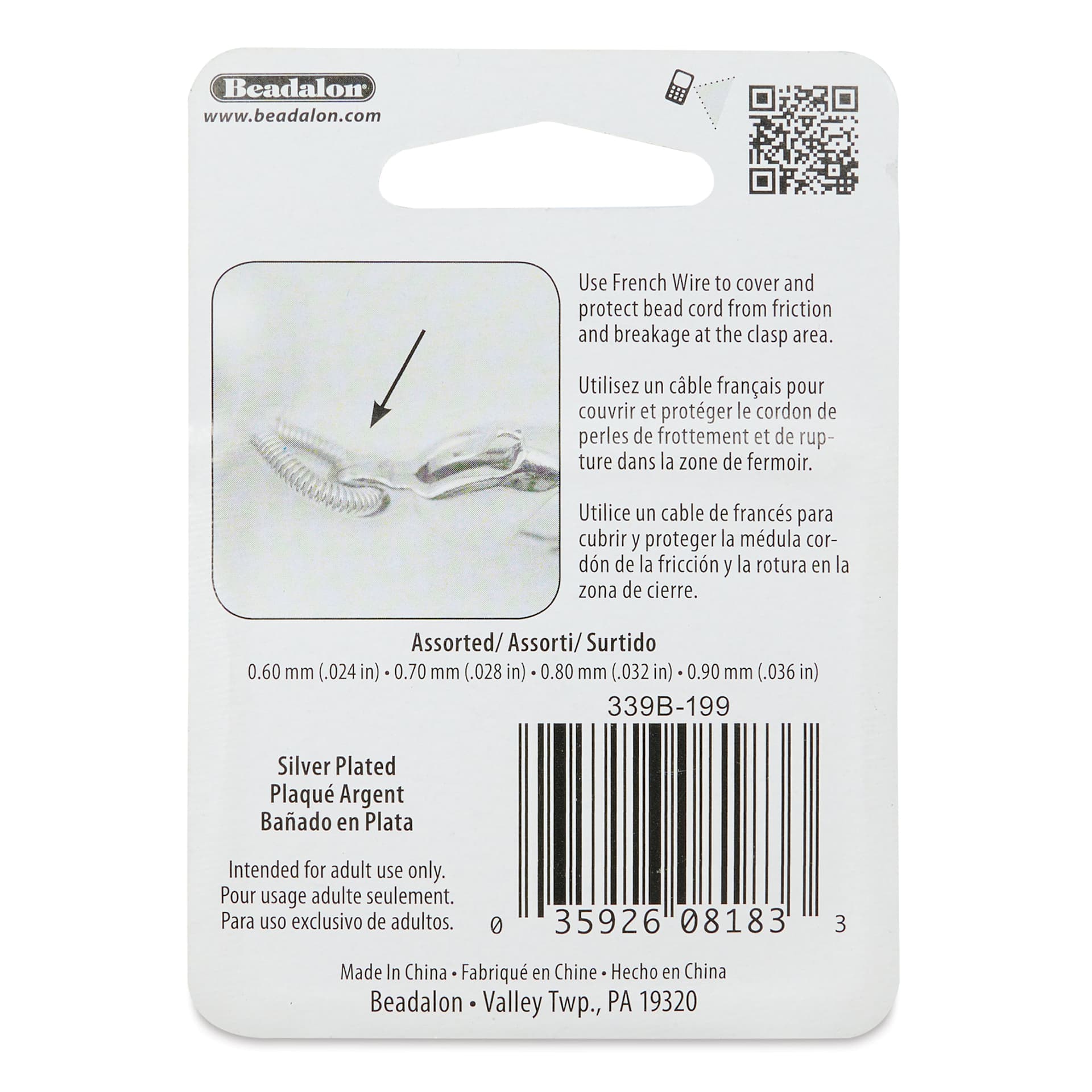 Beadalon French Wire - Silver-Plated, Set of 4 back of packaging