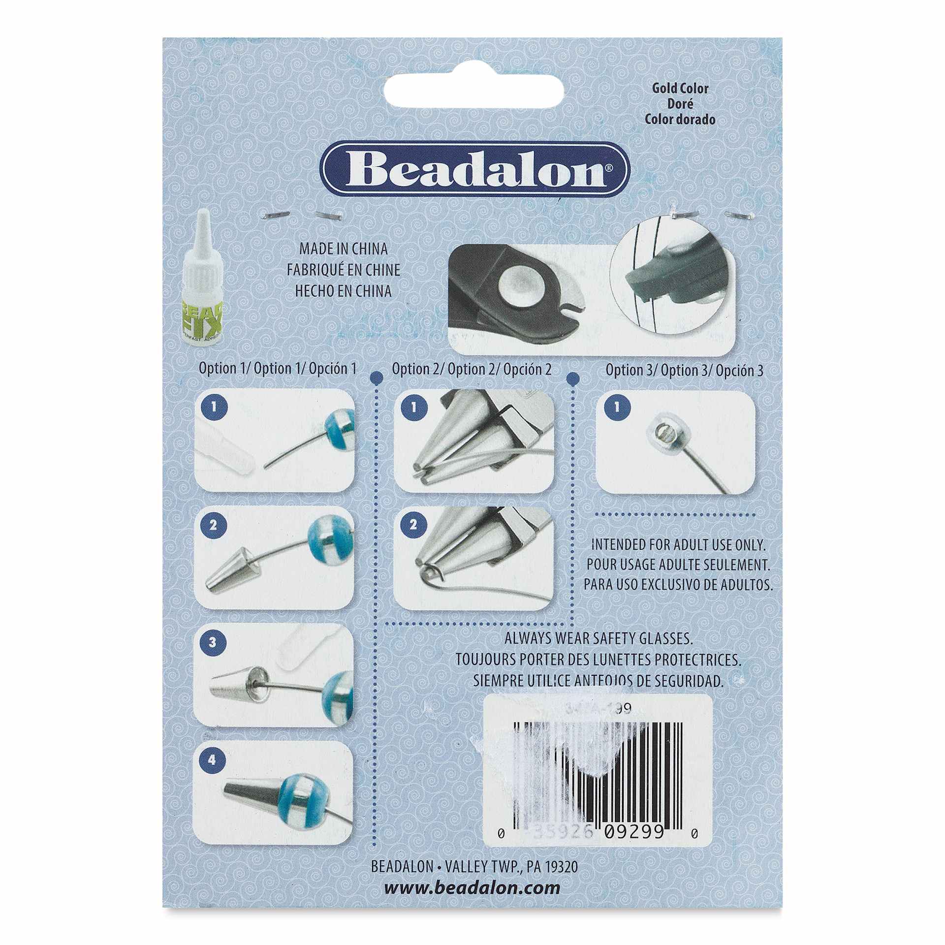 Beadalon Plated Memory Wire - Assorted Sizes, Gold, 1/2 oz back of packaging