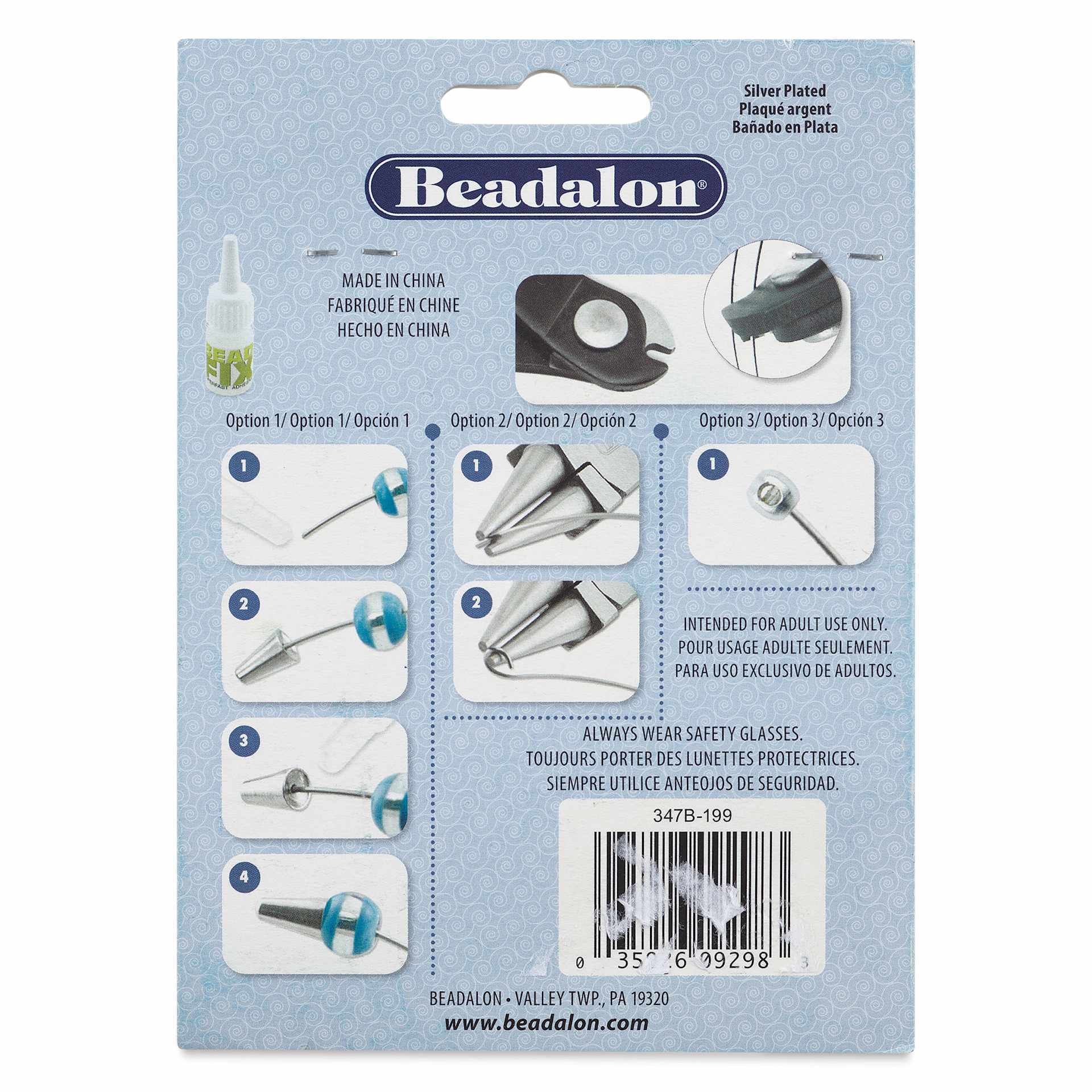 Beadalon Plated Memory Wire - Assorted Sizes, Silver Plated, 1/2 oz back of packaging