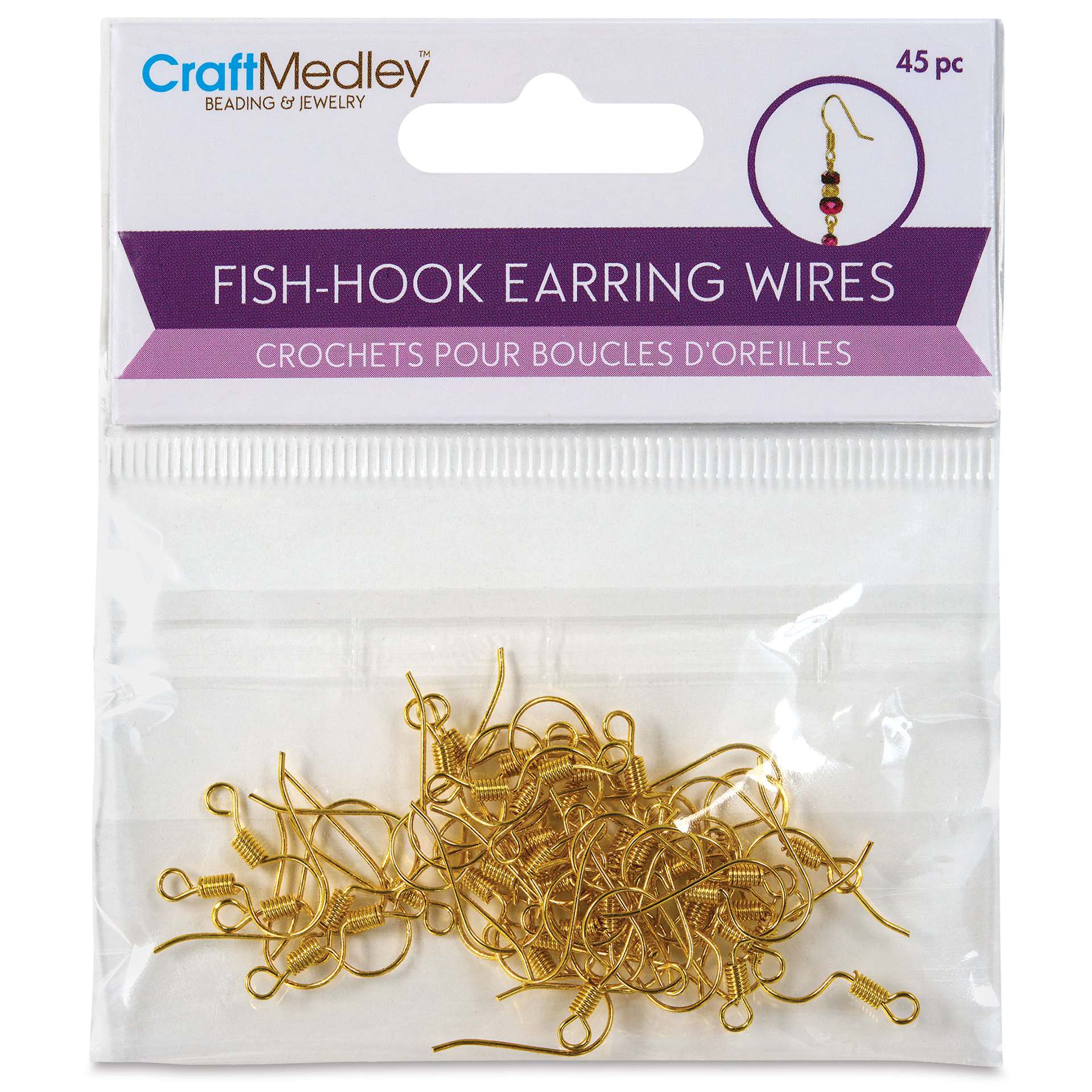 Craft Medley Fish Hook Earring Wires - Gold, 19 mm, Pkg of 45 front of packaging