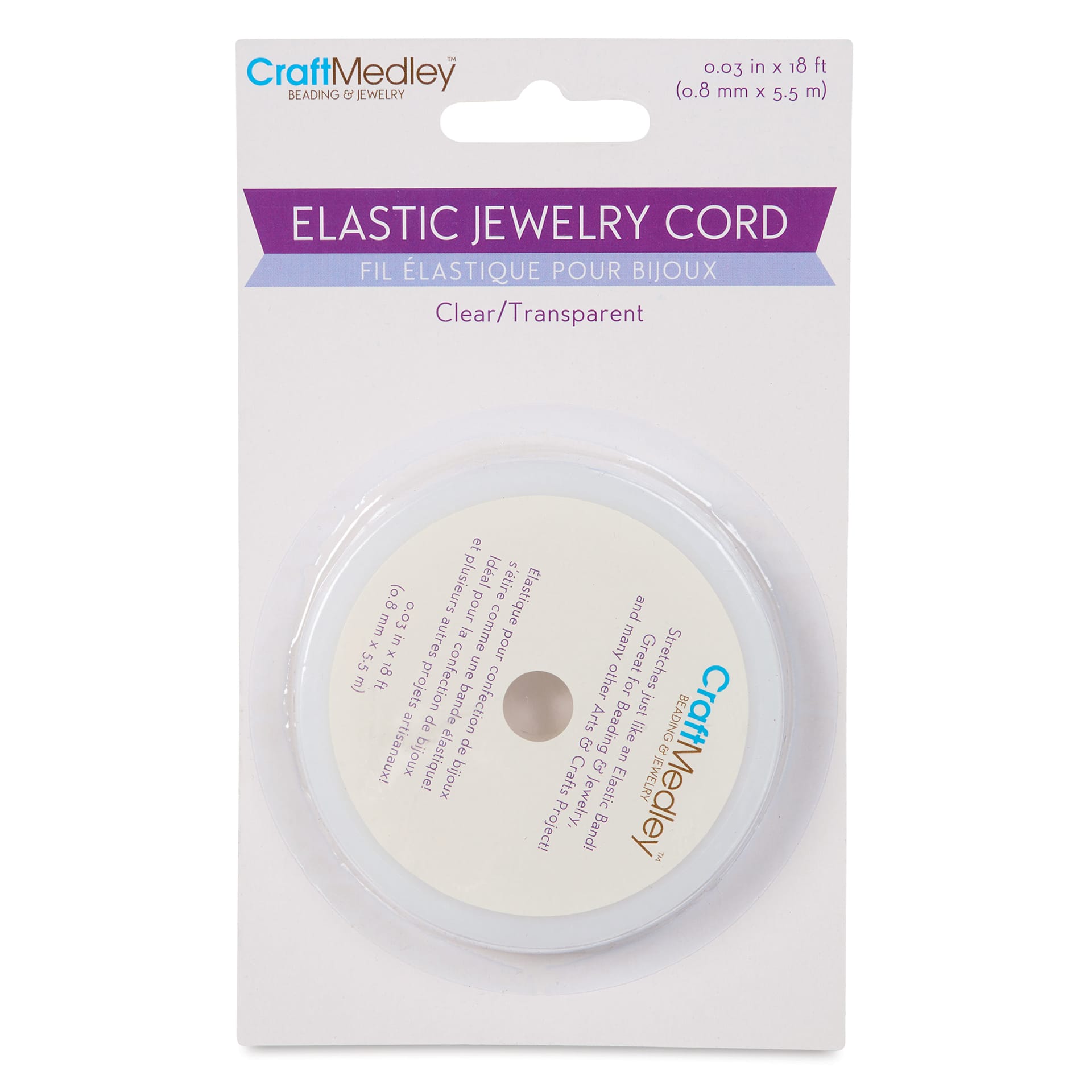 Craft Medley Elastic Jewelry Cord - Clear, 0.8 mm, 18 ft front of packaging