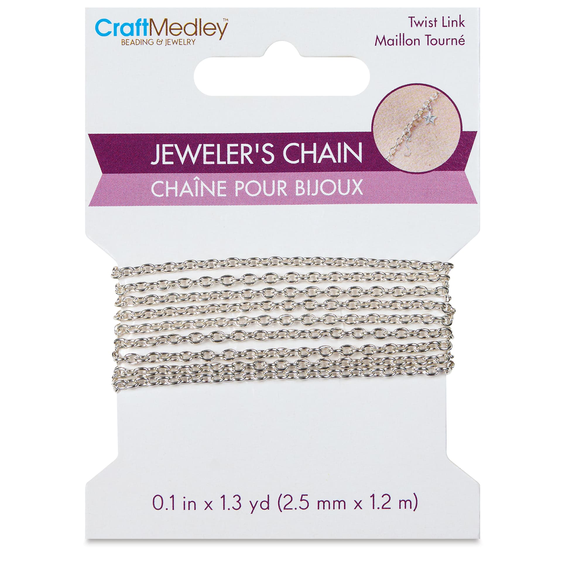 Craft Medley Jeweler's Chain - Silver Twist, 0.1" x 1.3 yd front of packaging