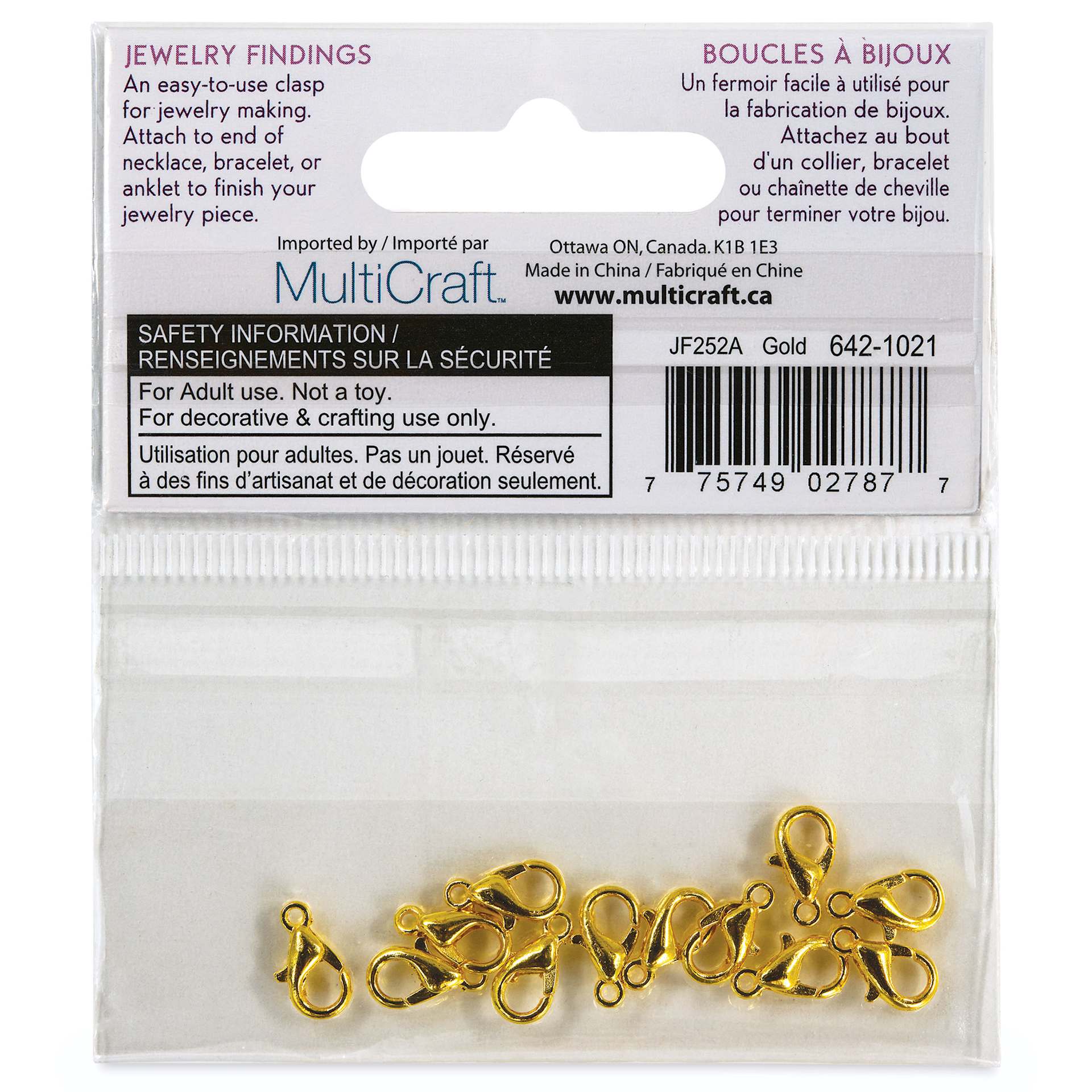 Craft Medley Lobster Claw Clasps - Gold, 10 mm, Pkg of 12 back of packaging