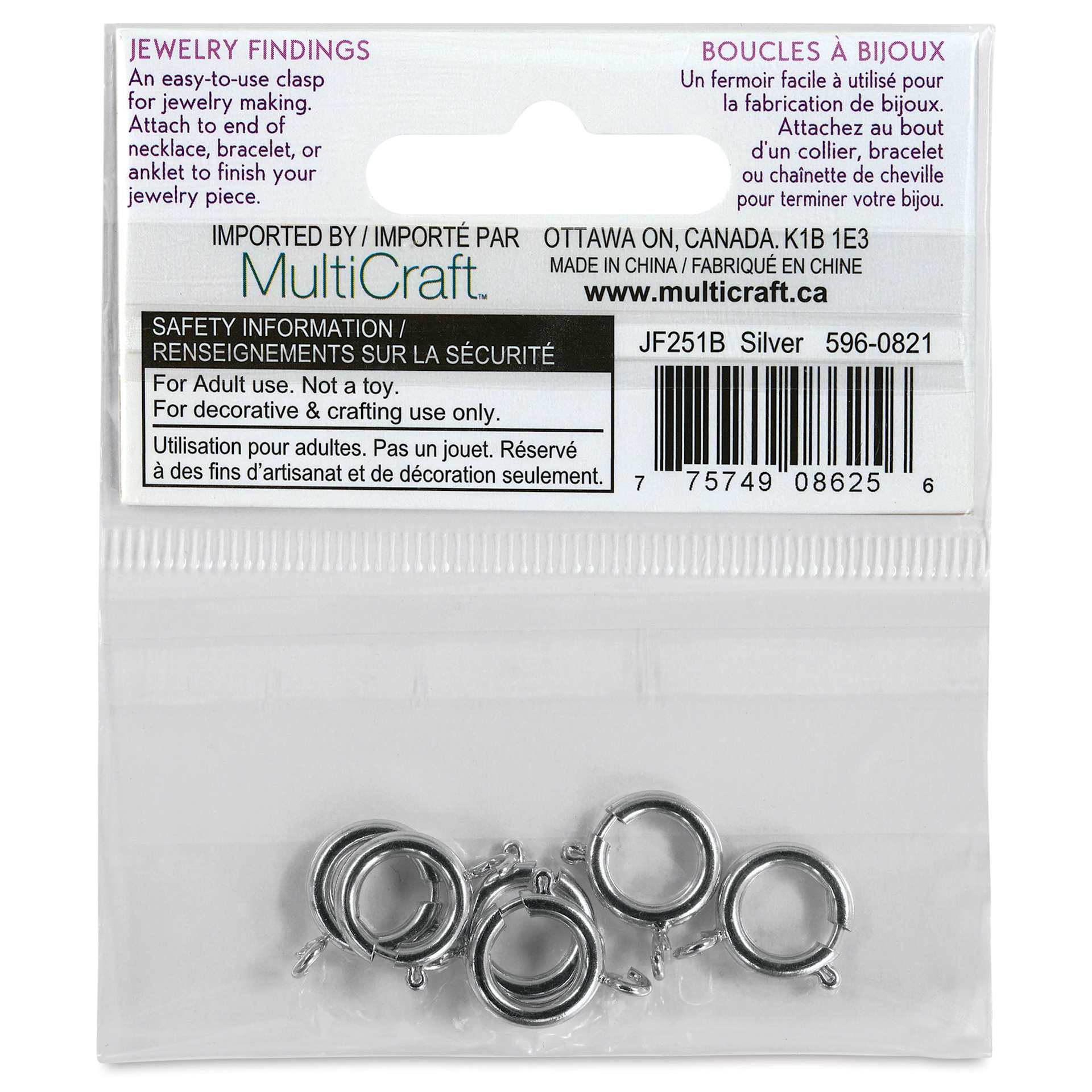 Craft Medley Spring Ring Clasps - Silver, 12 mm, Pkg of 6 back of packaging