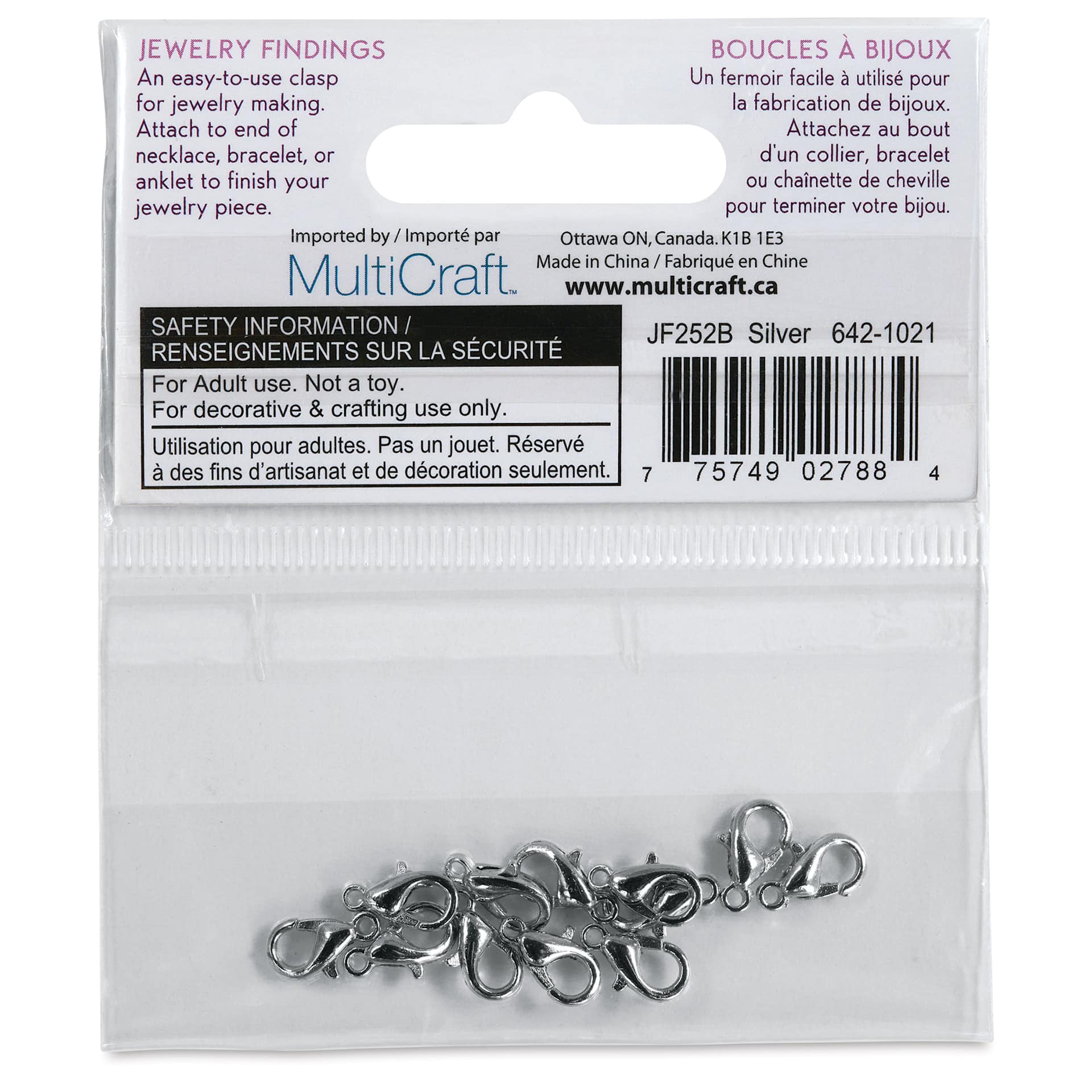 Craft Medley Lobster Claw Clasps - Silver, 10 mm, Pkg of 12 back of packaging