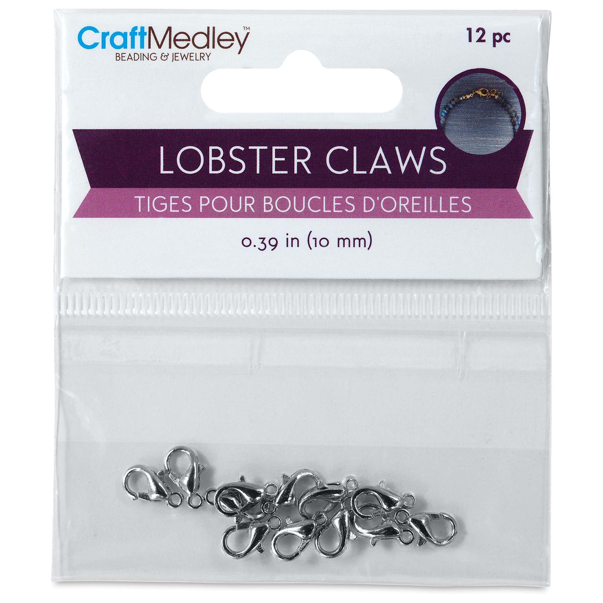 Craft Medley Lobster Claw Clasps - Silver, 10 mm, Pkg of 12 front of packaging