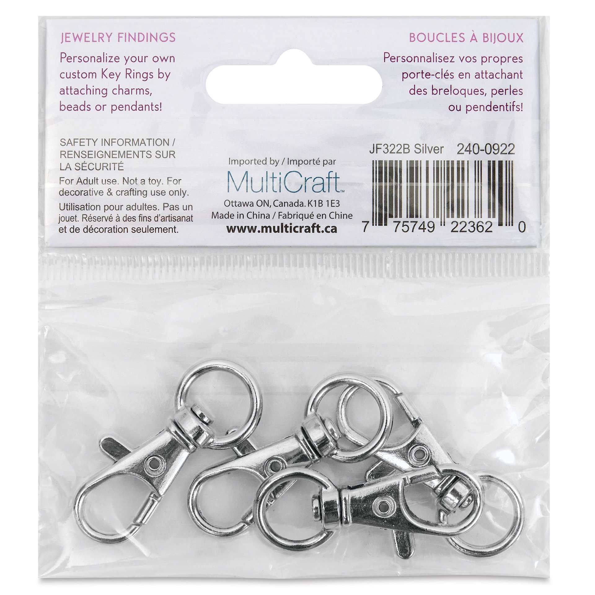 Craft Medley Key Ring Clips - Silver, 1.63", Pkg of 5 back of packaging
