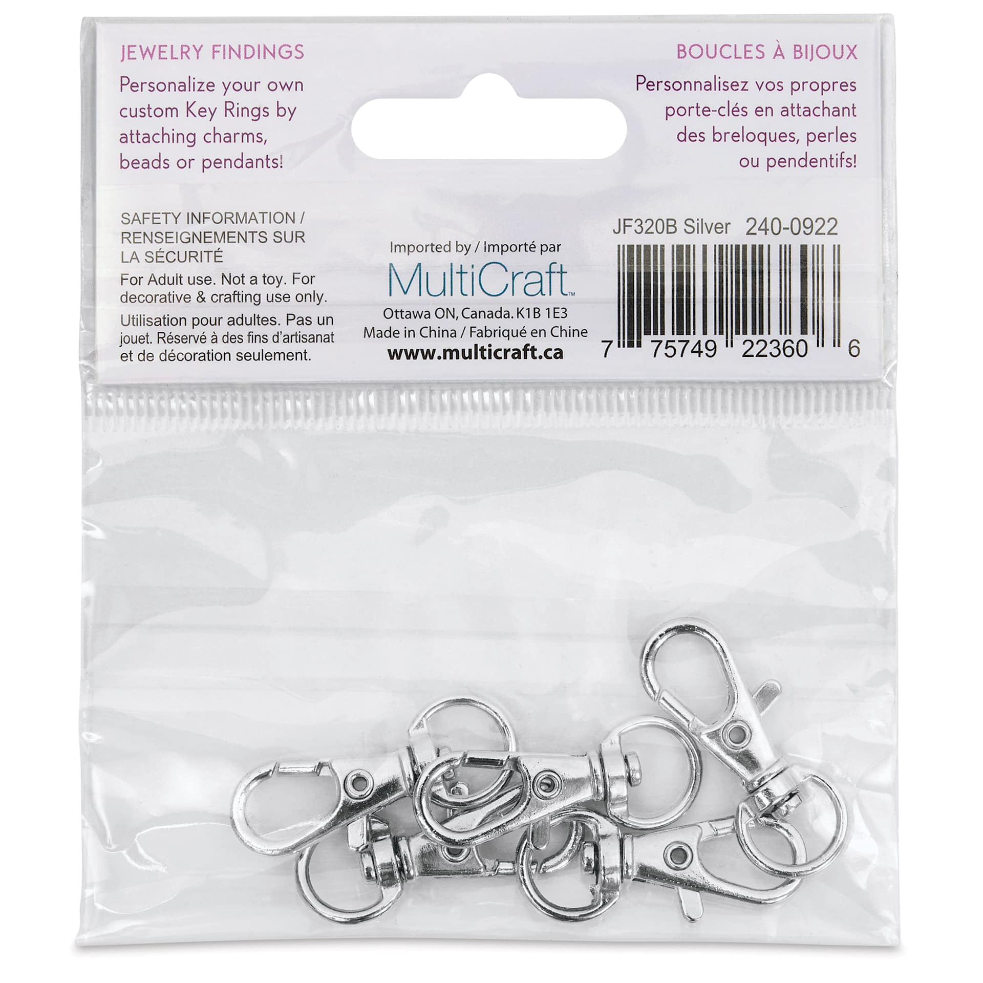 Craft Medley Key Ring Clips - Silver, 1.25", Pkg of 5 back of packaging