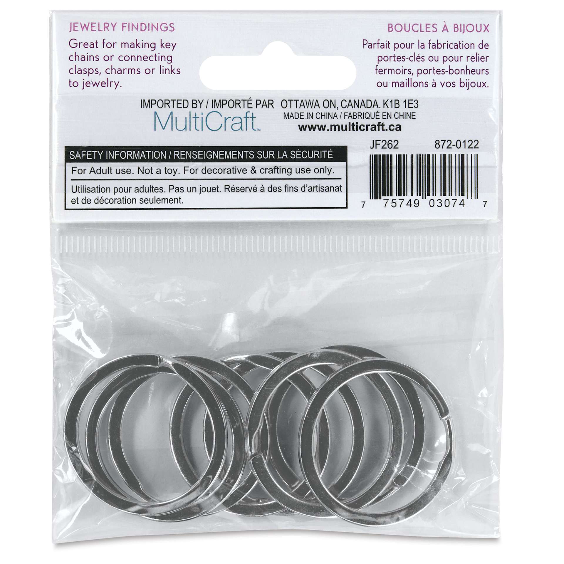 Craft Medley Split Key Rings - Silver, 1-1/4", Pkg of 8 back of packaging