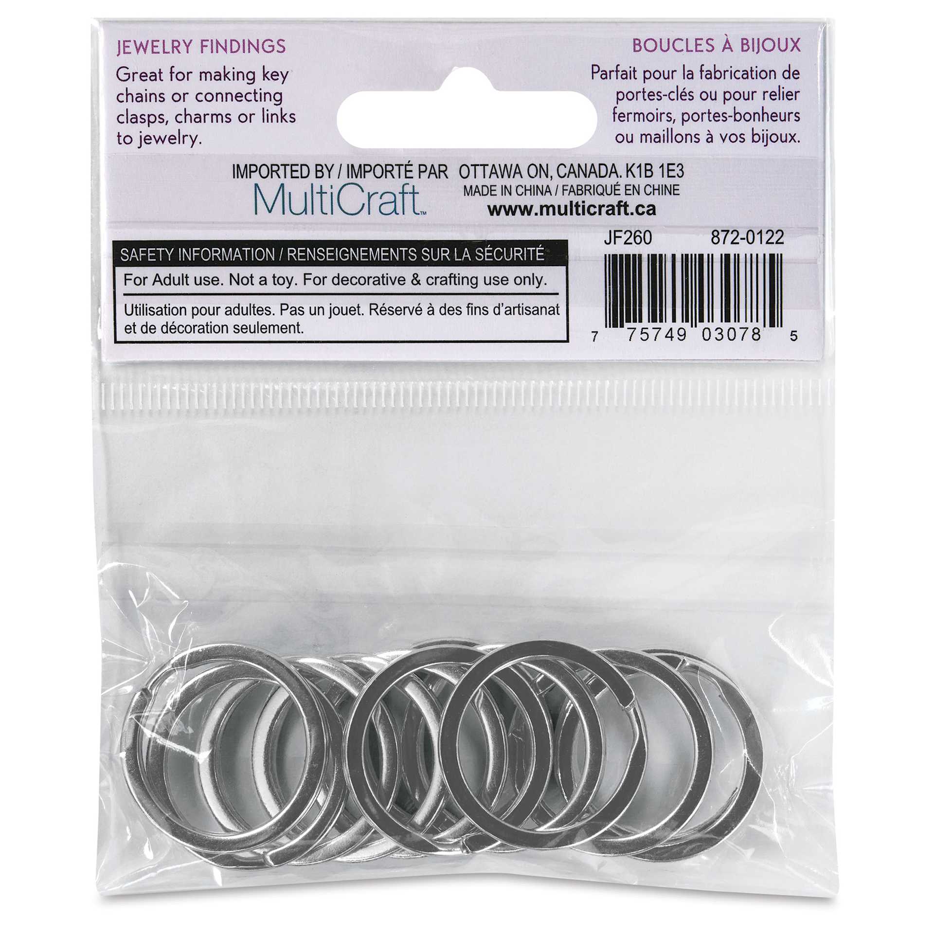 Craft Medley Split Key Rings - Silver, 1", Pkg of 12 back of packaging