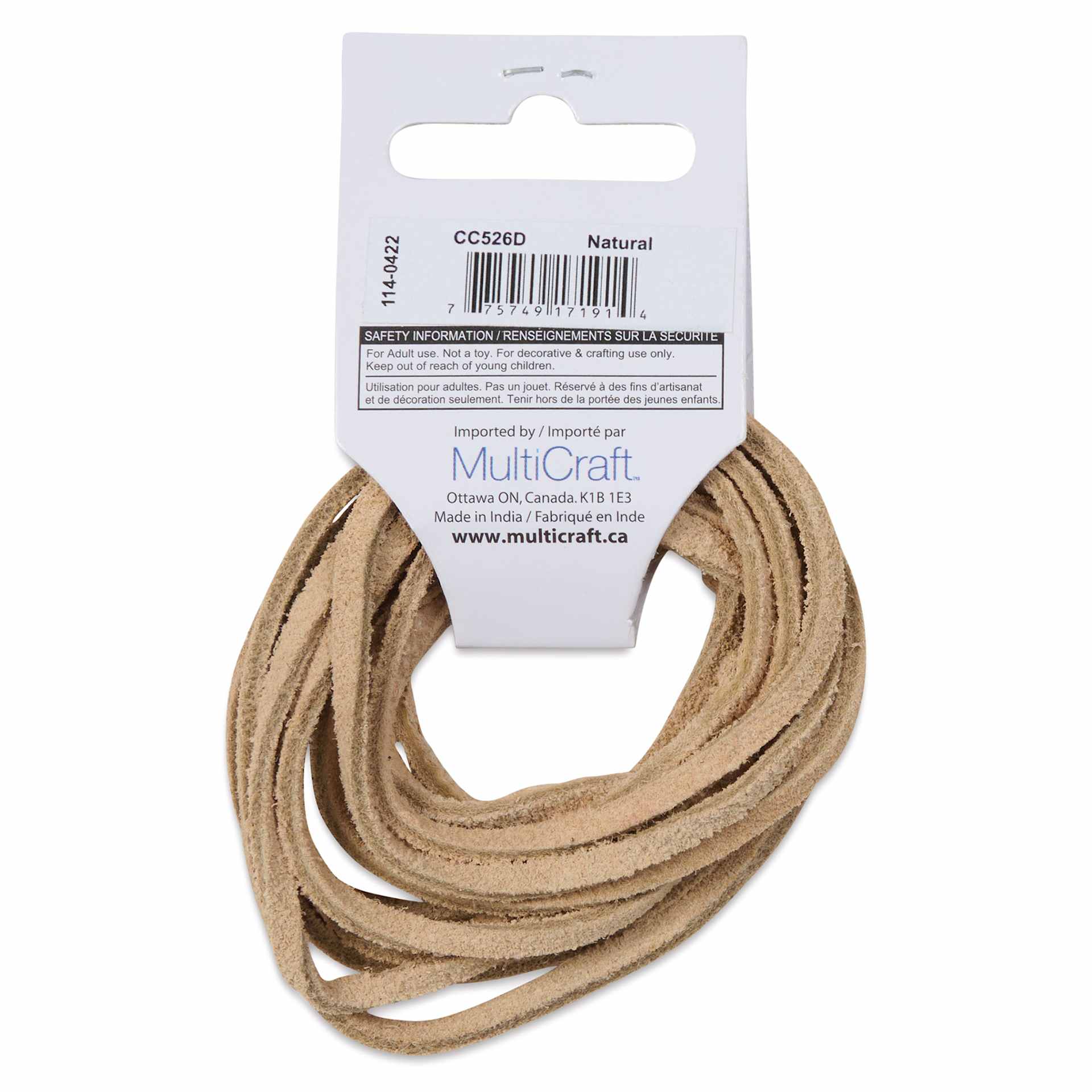 Craft Medley Suede Jewelry Craft Cord - Natural, 0.12" x 6.5 ft back of packaging