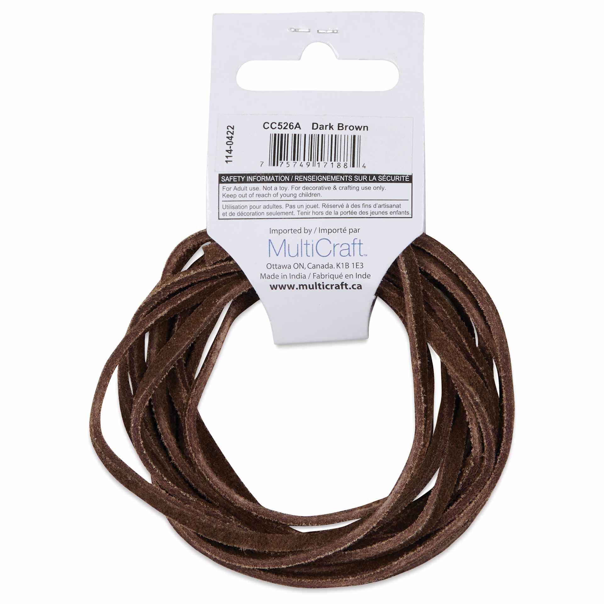 Craft Medley Suede Jewelry Craft Cord - Dark Brown, 0.12" x 6.5 ft back of packaging