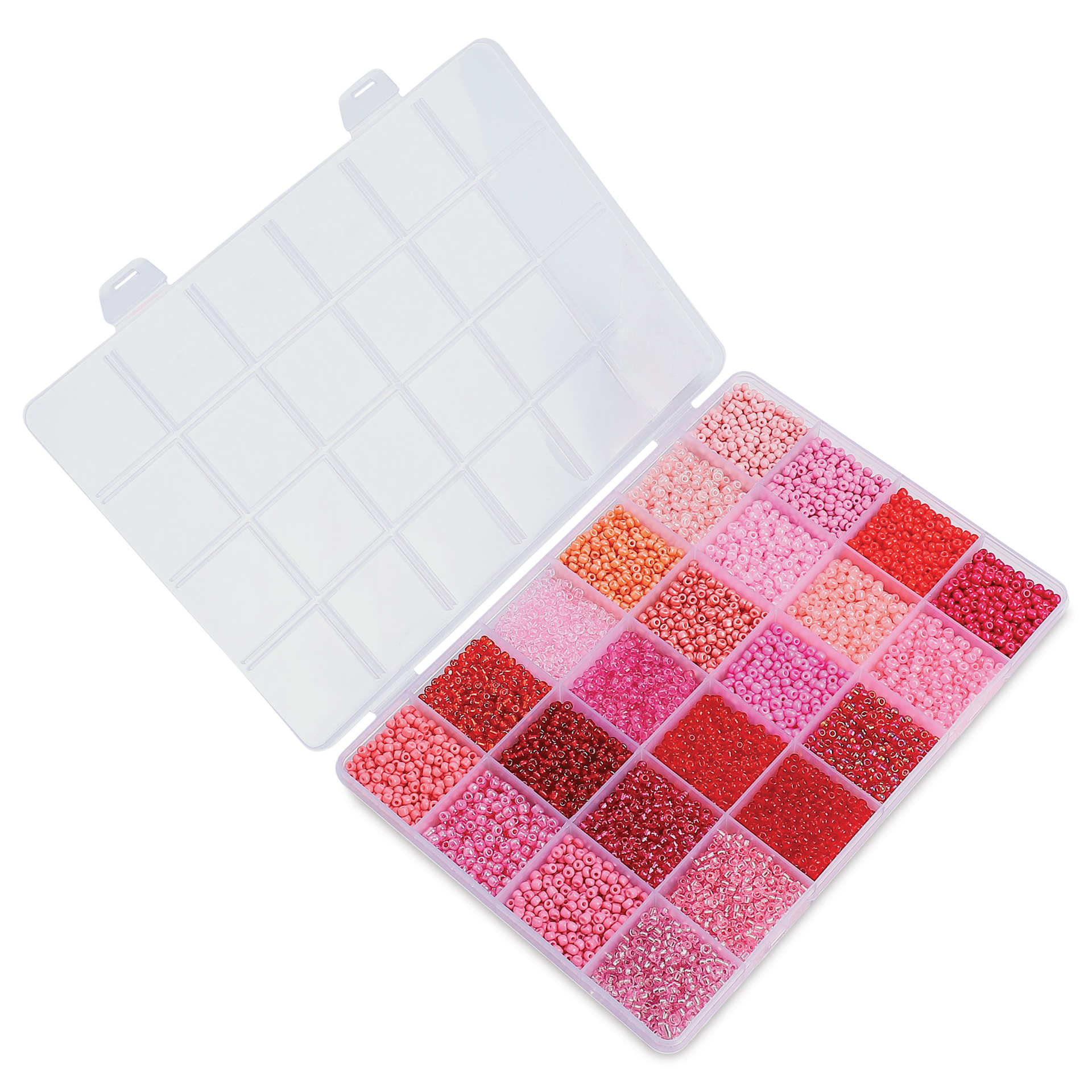John Bead Color Mix Seed Bead Box - Rosy Daydream, Set of 24 with lid open