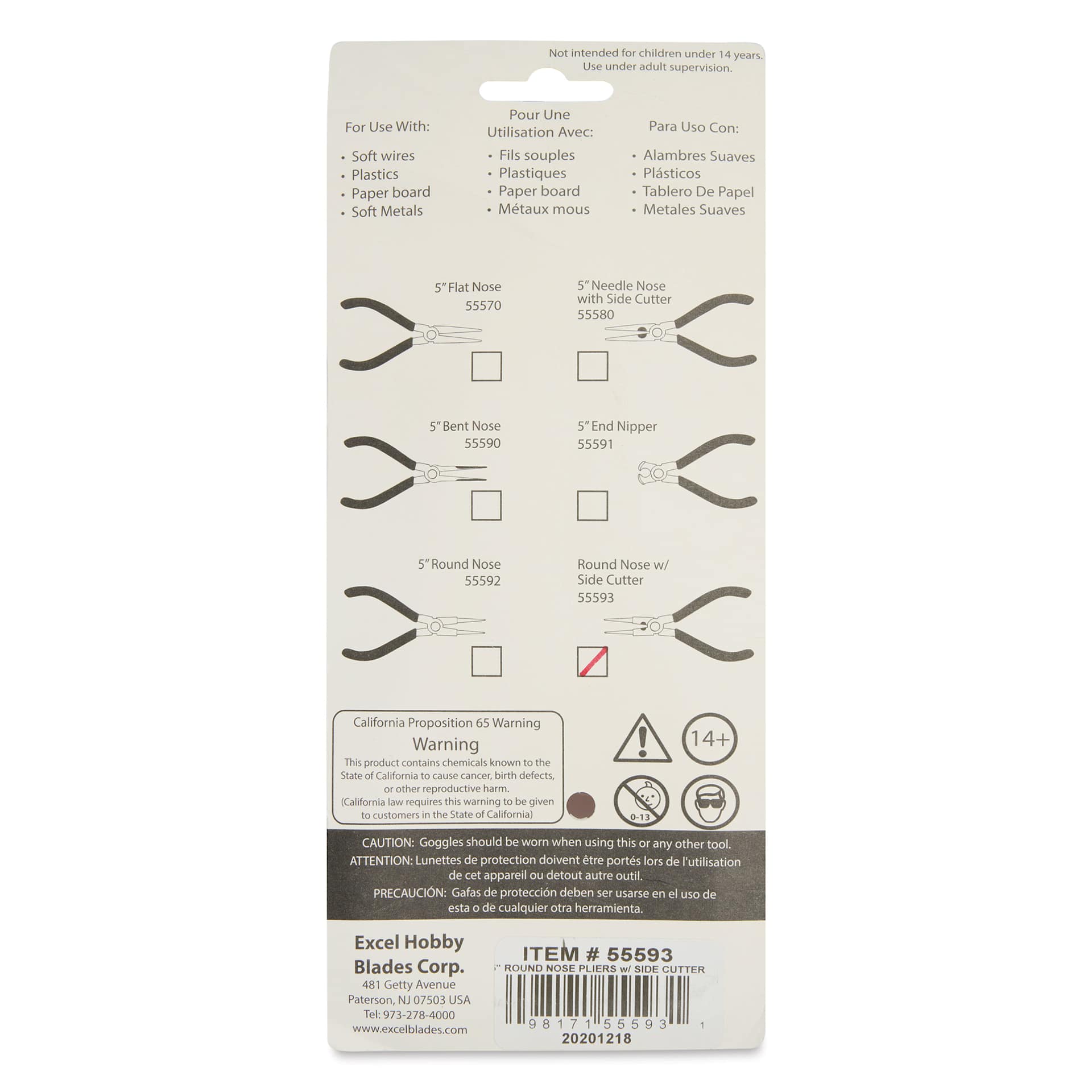 Excel Blades Round Nose Pliers with Side Cutter - back of packaging