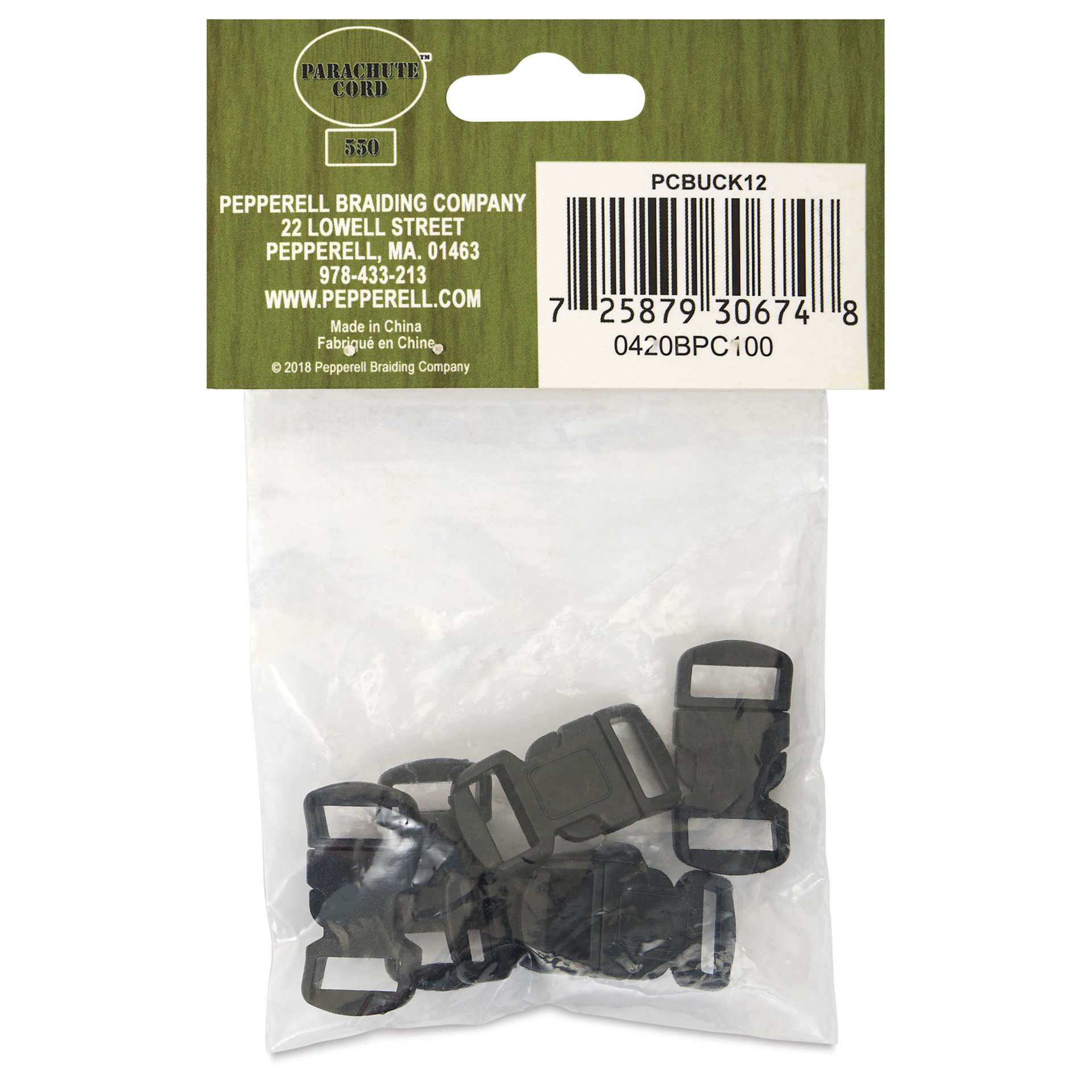 Pepperell Plastic Paracord Buckles - Pkg of 6, Black, 12 mm - back of packaging