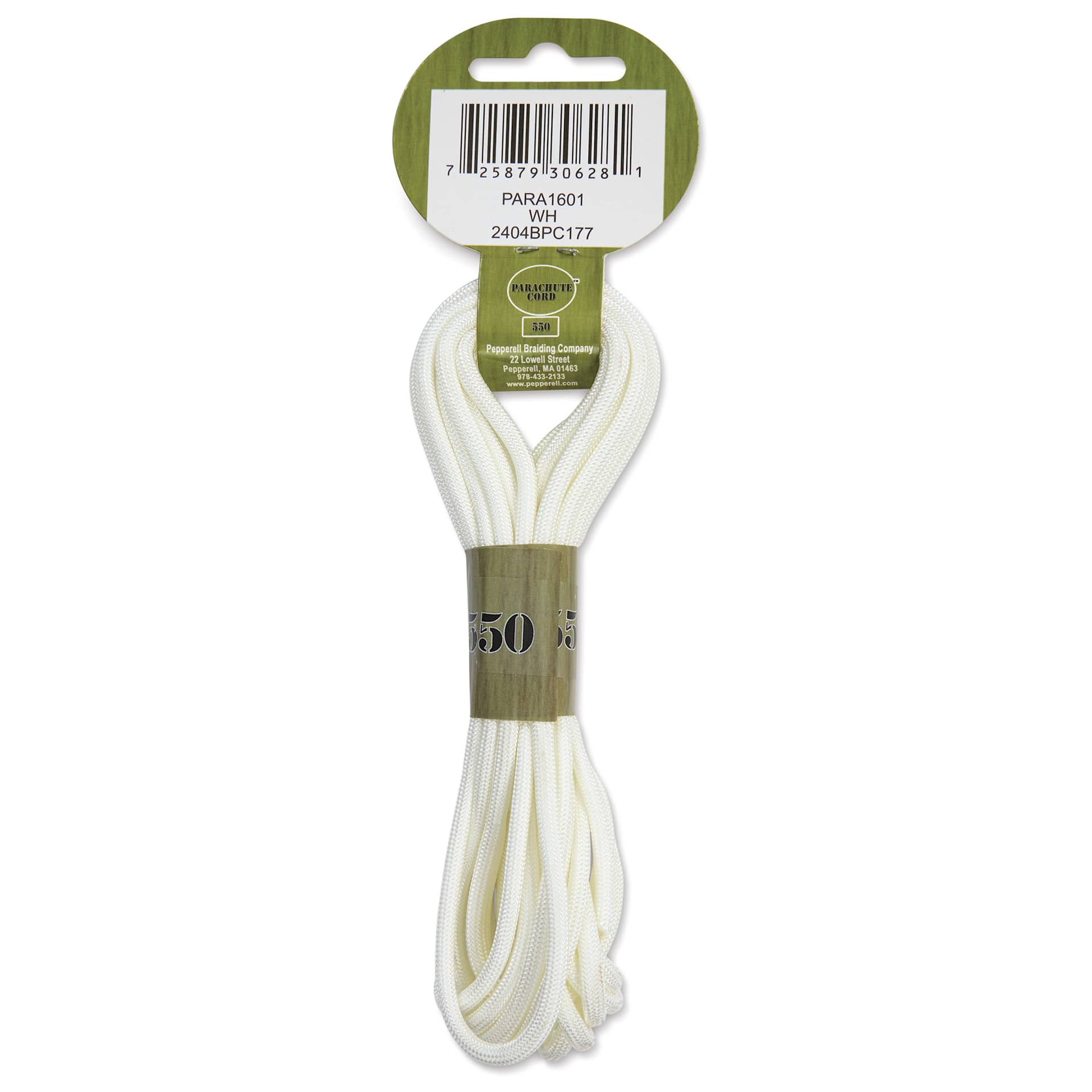 Pepperell Parachute 550 Cord - White, 16 ft - back of packaging