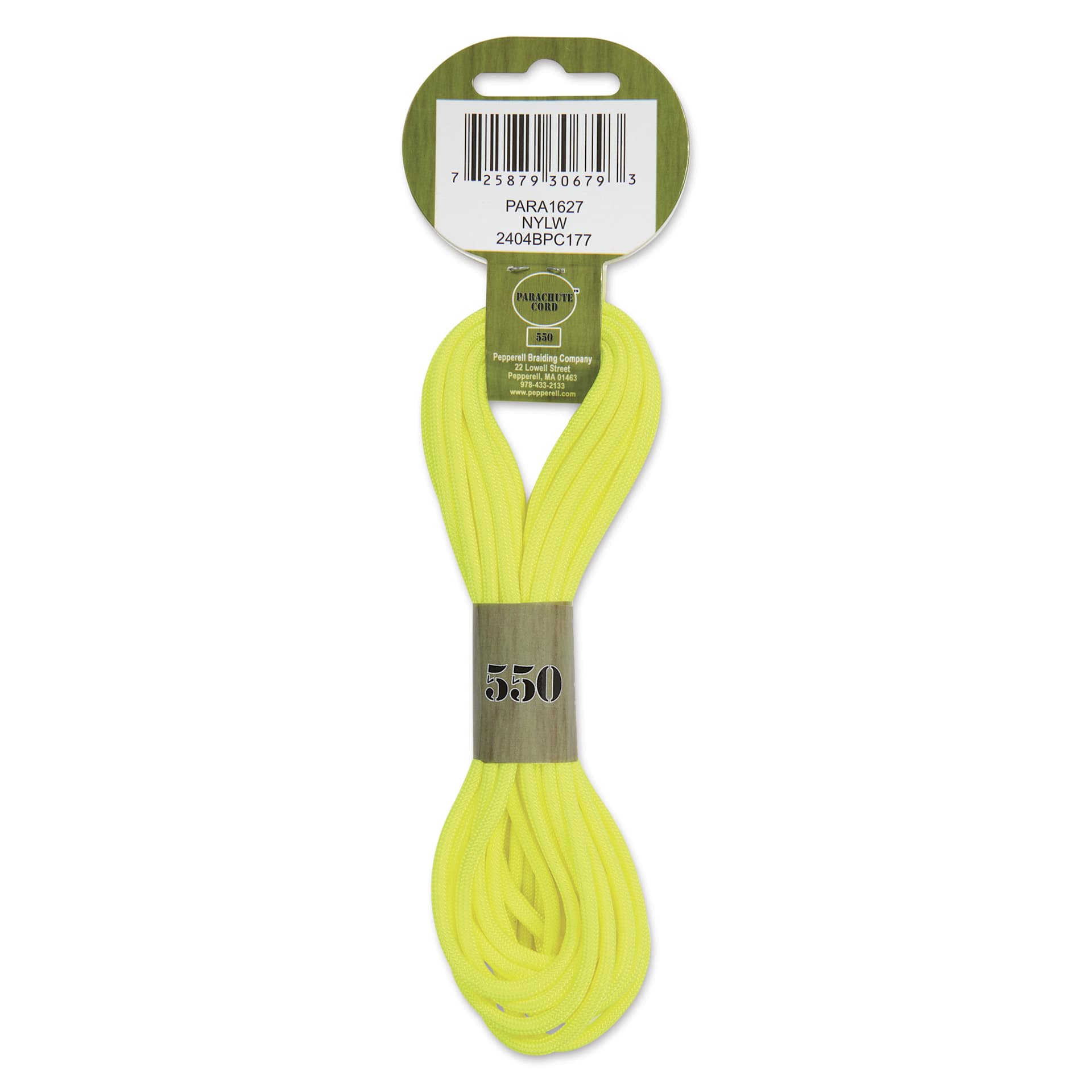 Pepperell Parachute 550 Cord - Neon Yellow, 16 ft - back of packaging
